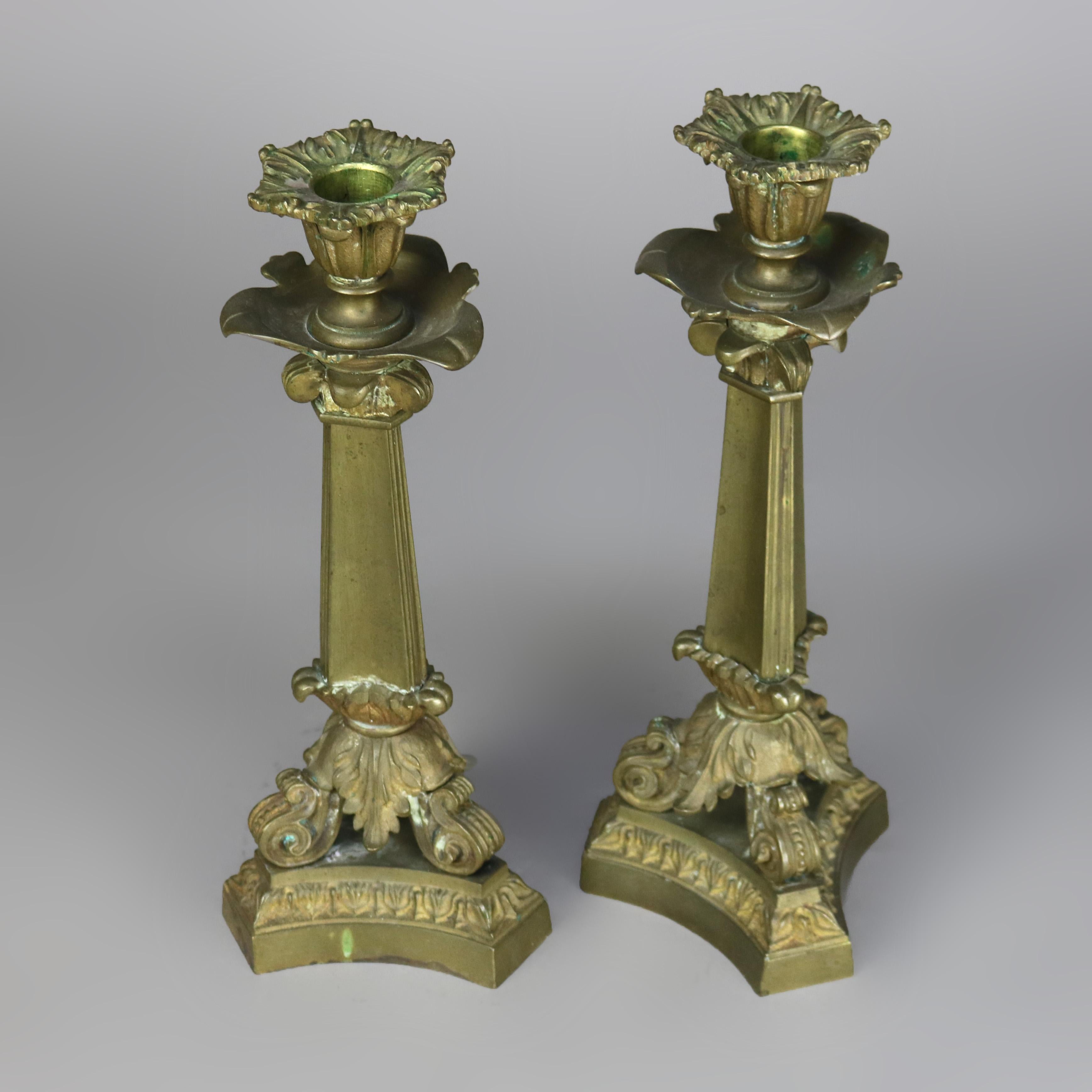 19th Century Pair of Antique Neoclassical Bronze Candlesticks with Scroll Form Feet C1890 For Sale