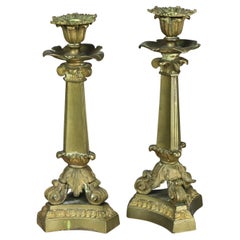 Pair of Antique Neoclassical Bronze Candlesticks with Scroll Form Feet C1890