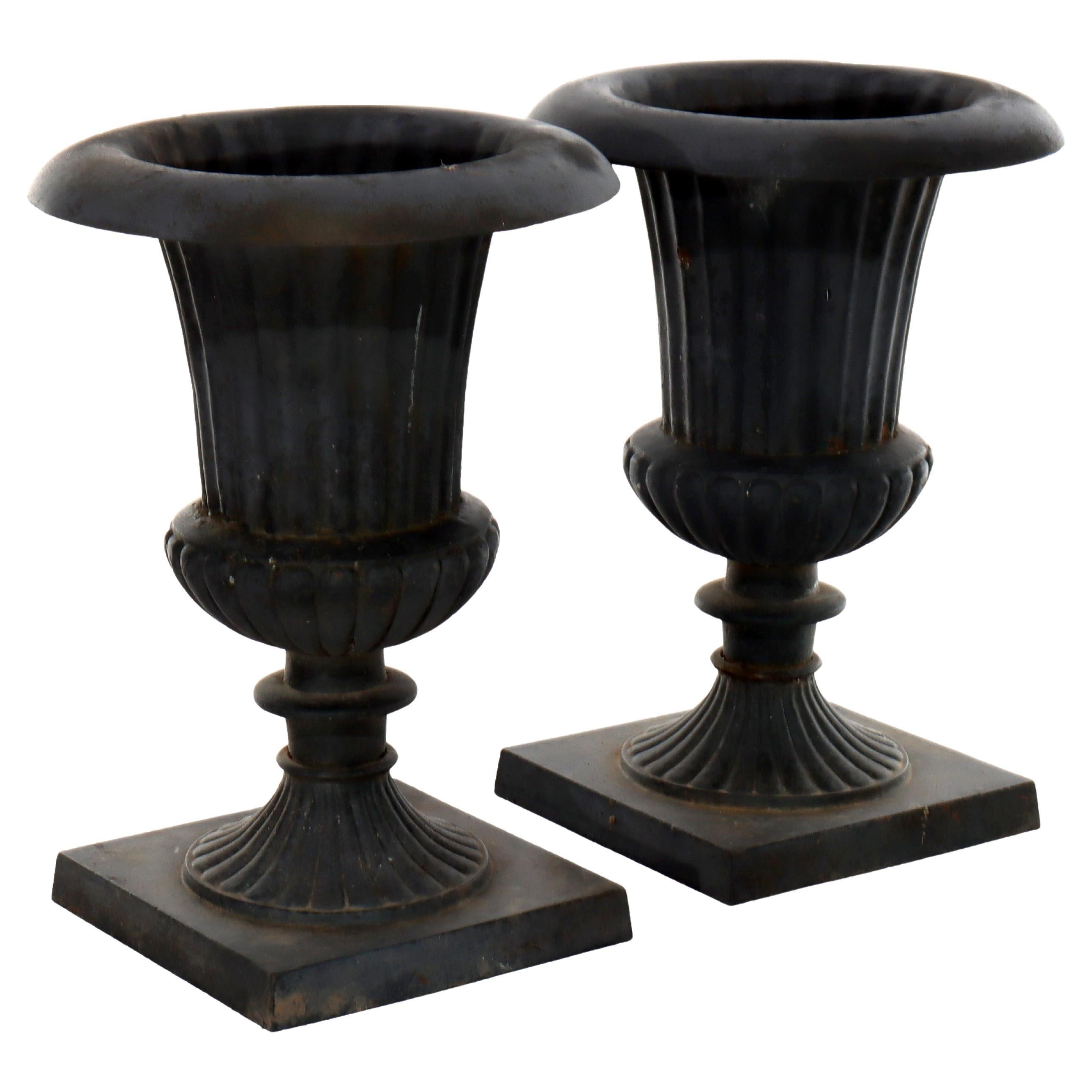 Pair Of Antique Neoclassical Cast Iron Melon Ribbed Garden Urns c1930 For Sale