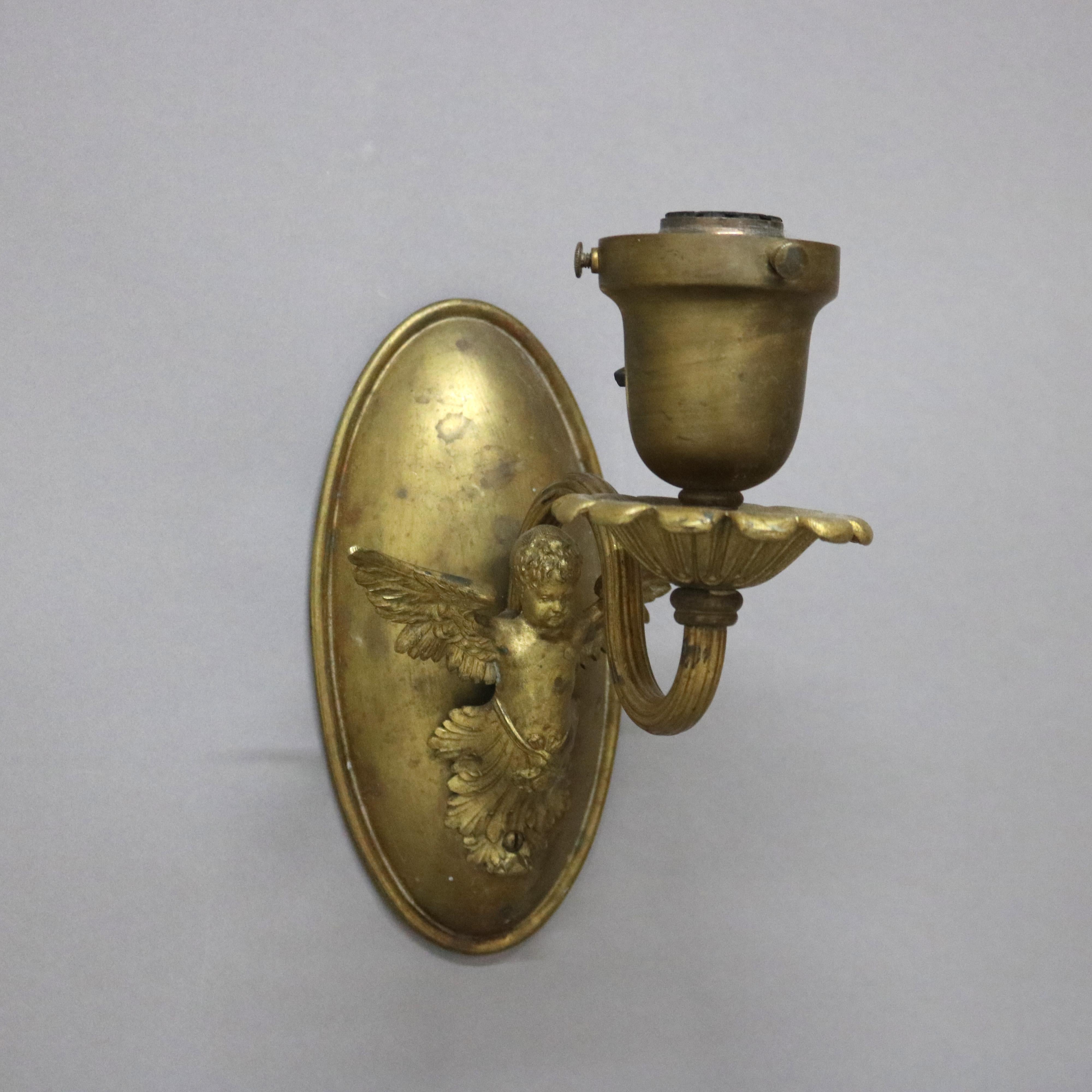 Cast Pair of Antique Neoclassical Figural Cherub Brass Single Light Wall Sconces