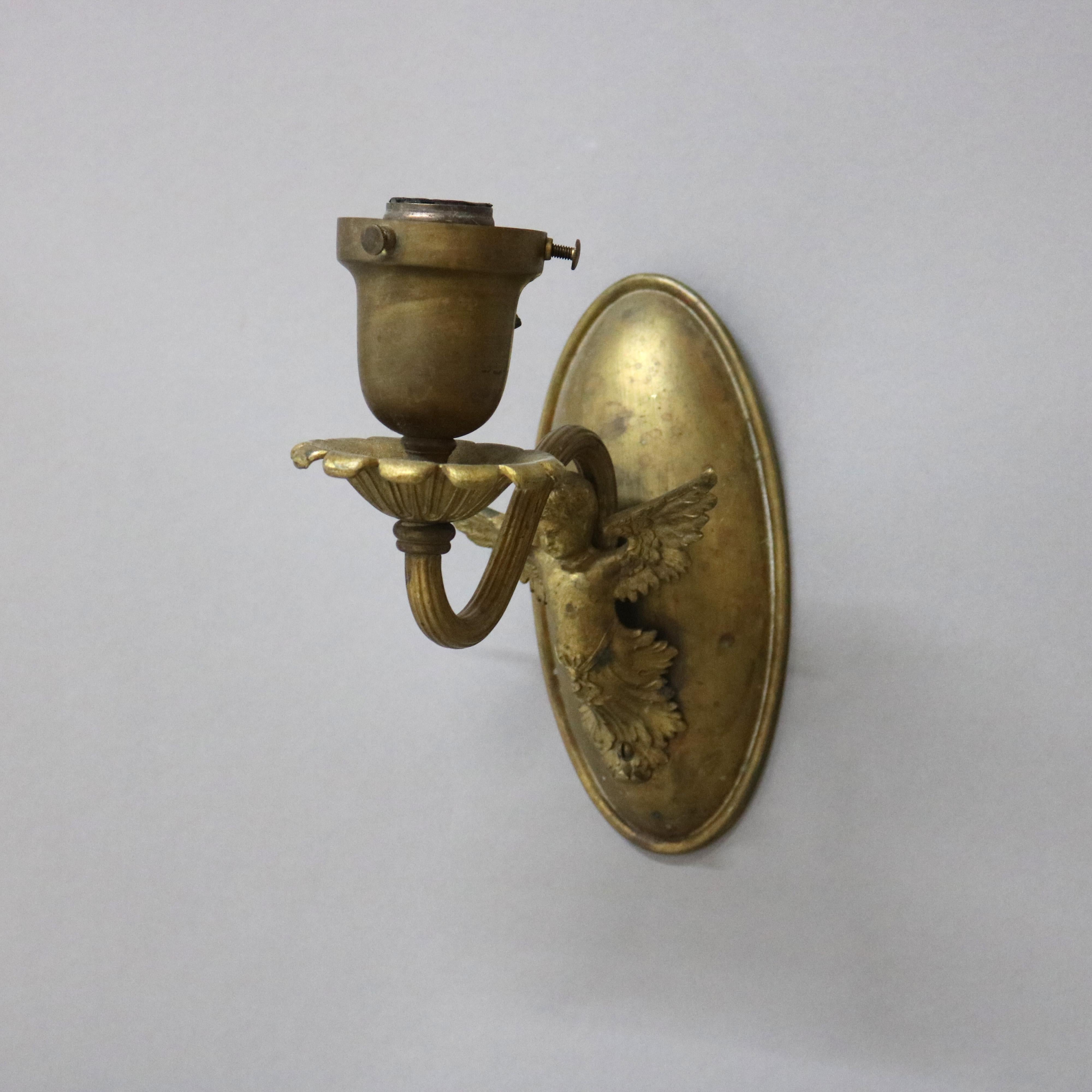 Pair of Antique Neoclassical Figural Cherub Brass Single Light Wall Sconces In Good Condition In Big Flats, NY