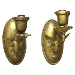 Pair of Antique Neoclassical Figural Cherub Brass Single Light Wall Sconces