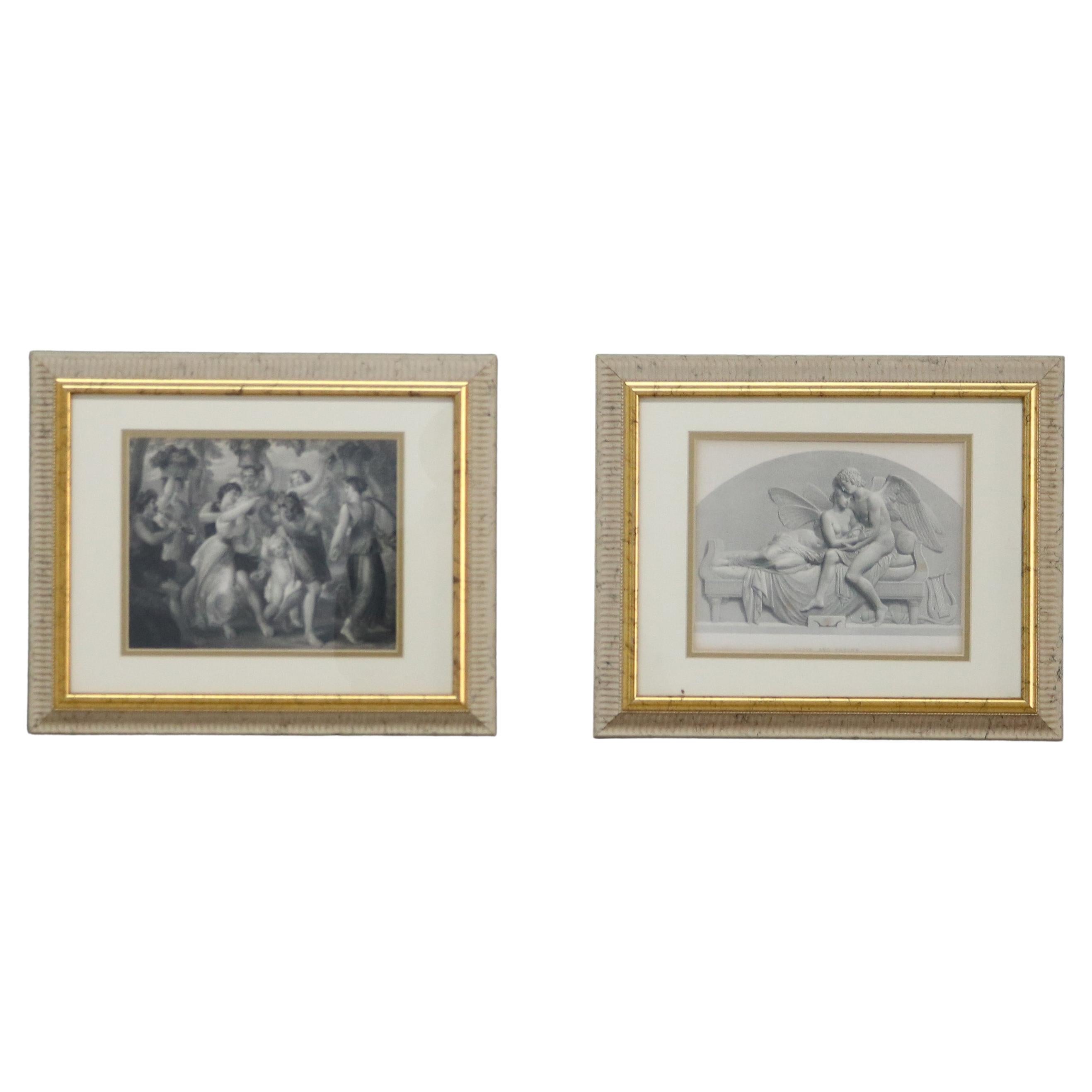 Pareja de antiguos grabados neoclásicos de escenas de género, enmarcados, C1890