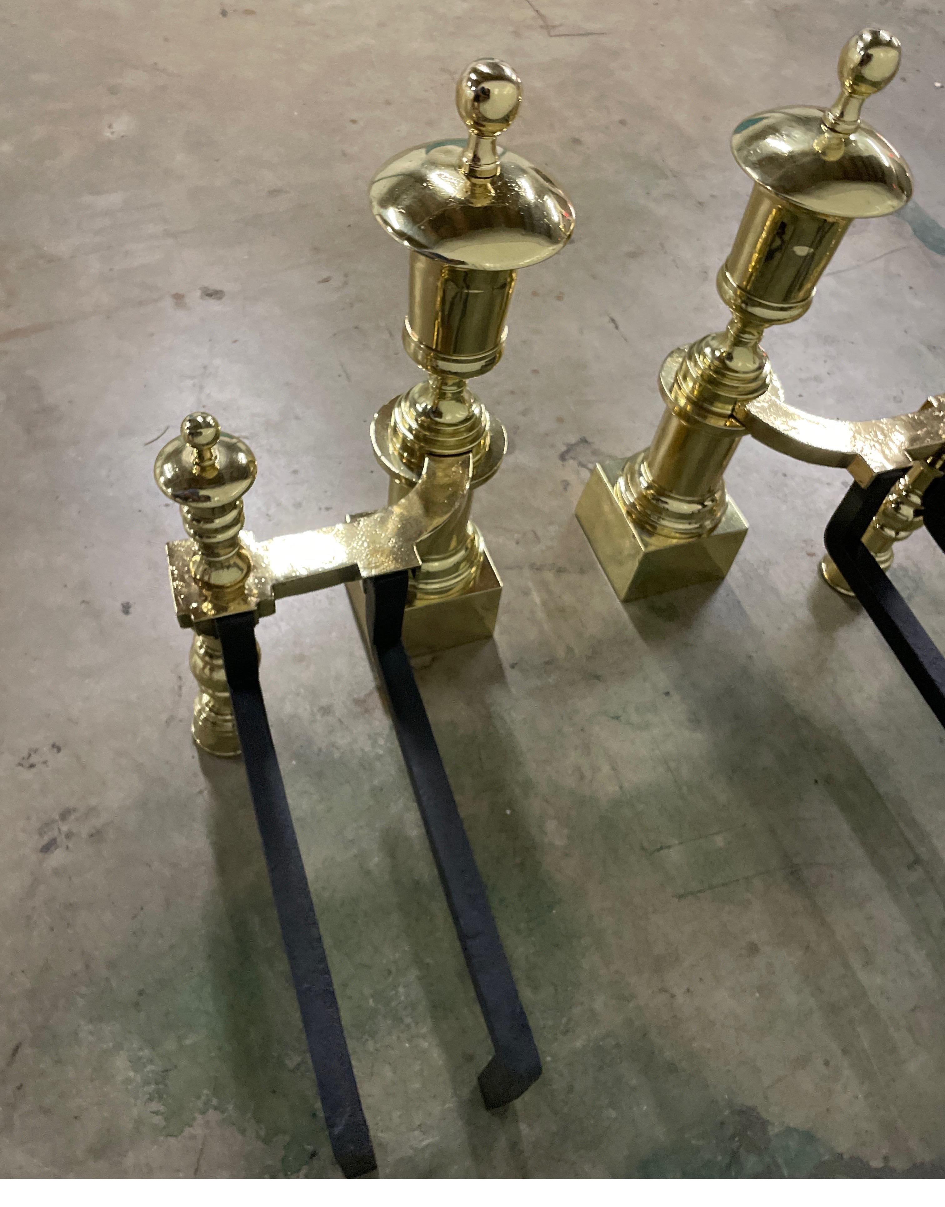 Pair of Antique Neoclassical Monumental Solid Brass Andirons For Sale 5