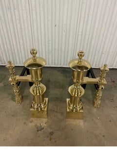 Antique Neoclassical Solid Brass Andirons, Monumental Design, 1890s