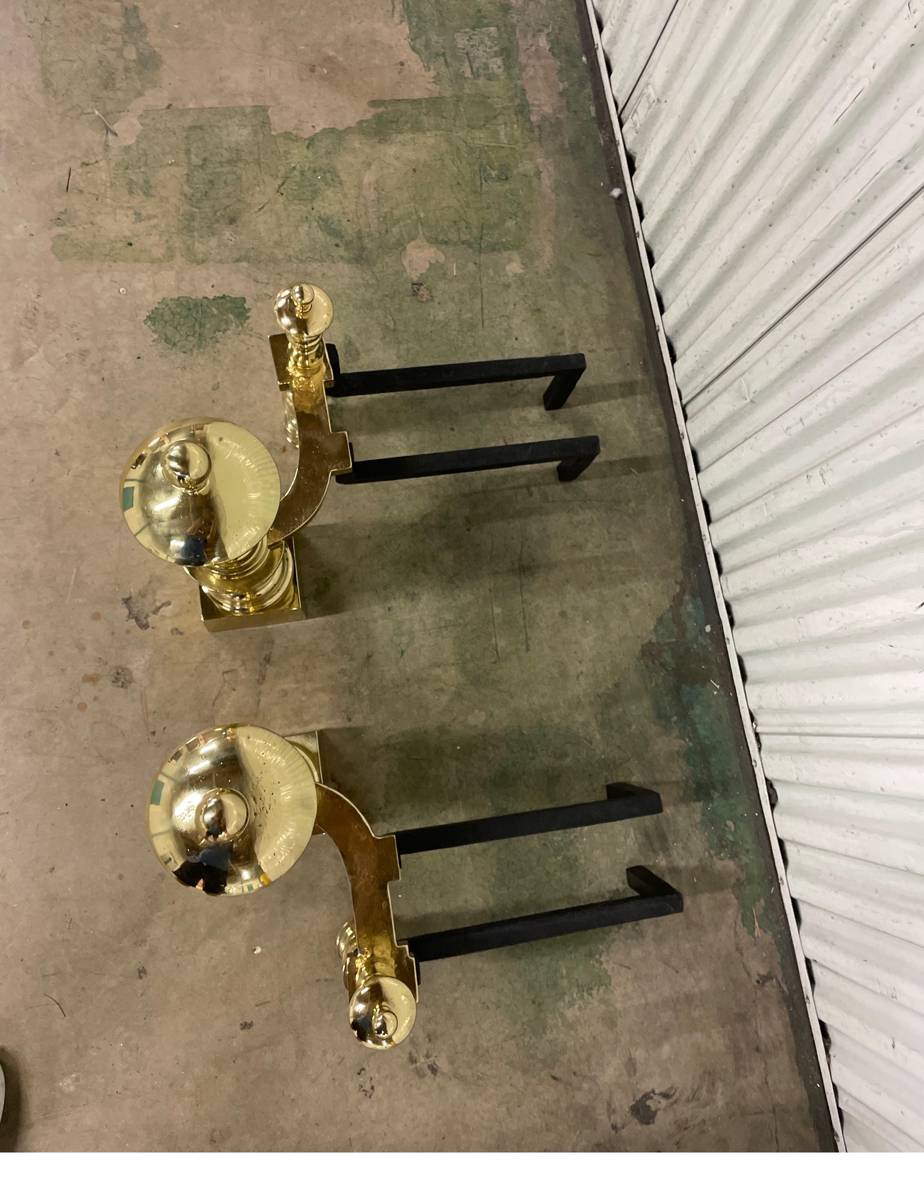 Pair of Antique Neoclassical Monumental Solid Brass Andirons In Good Condition For Sale In West Palm Beach, FL