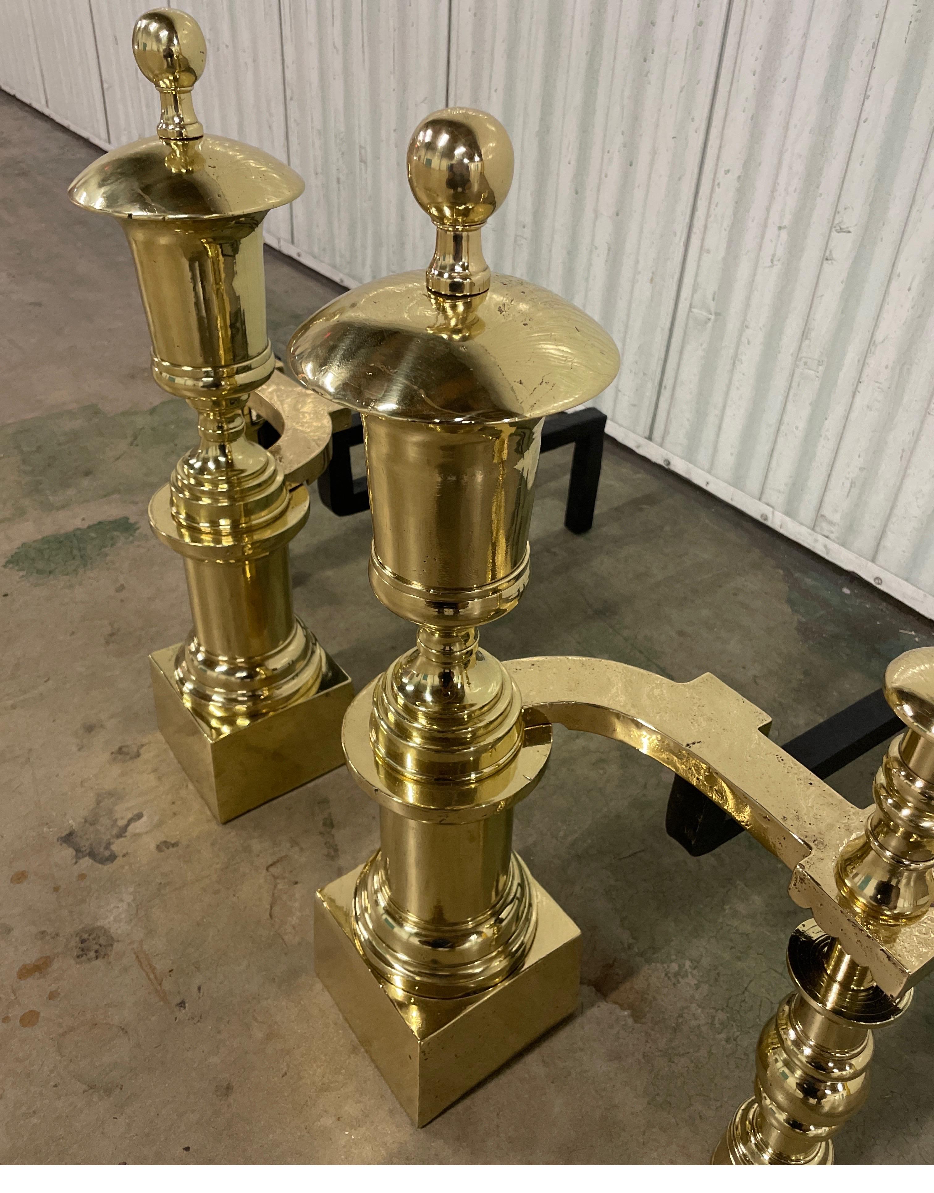 Pair of Antique Neoclassical Monumental Solid Brass Andirons For Sale 2