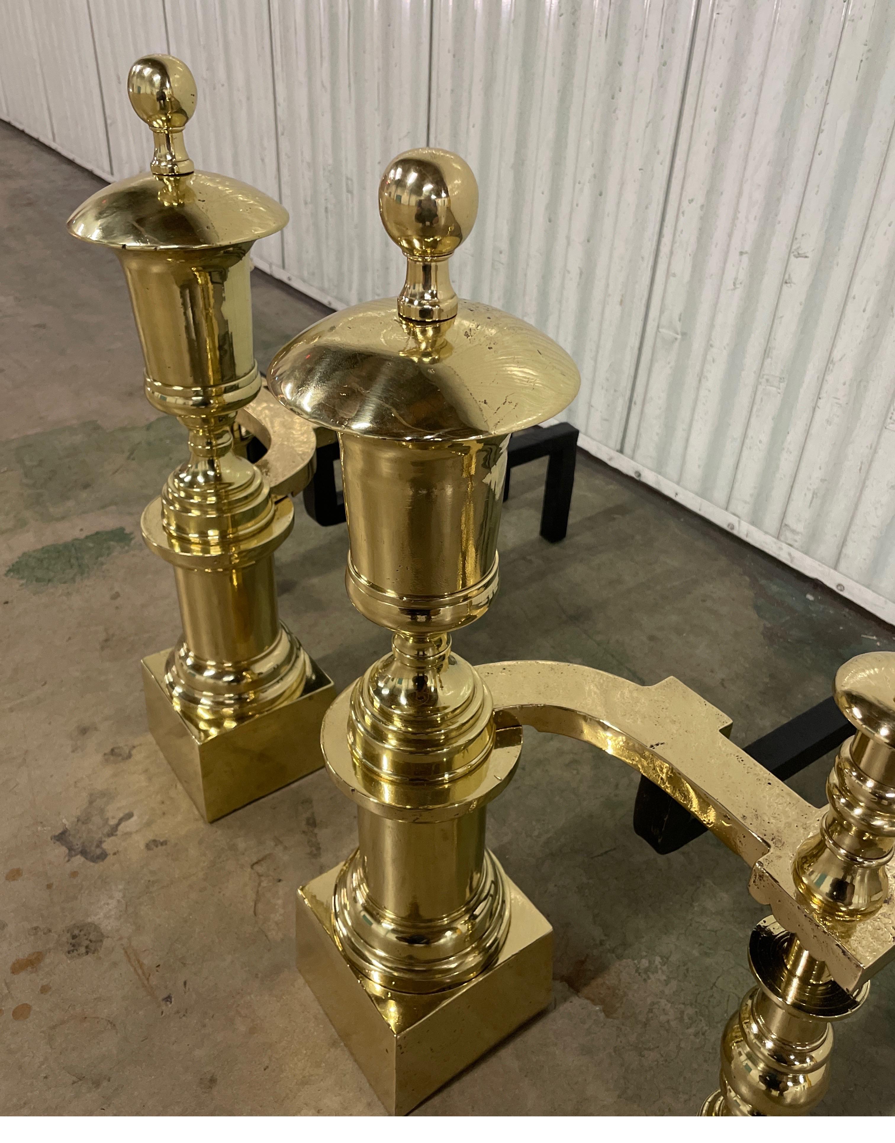 Pair of Antique Neoclassical Monumental Solid Brass Andirons For Sale 3