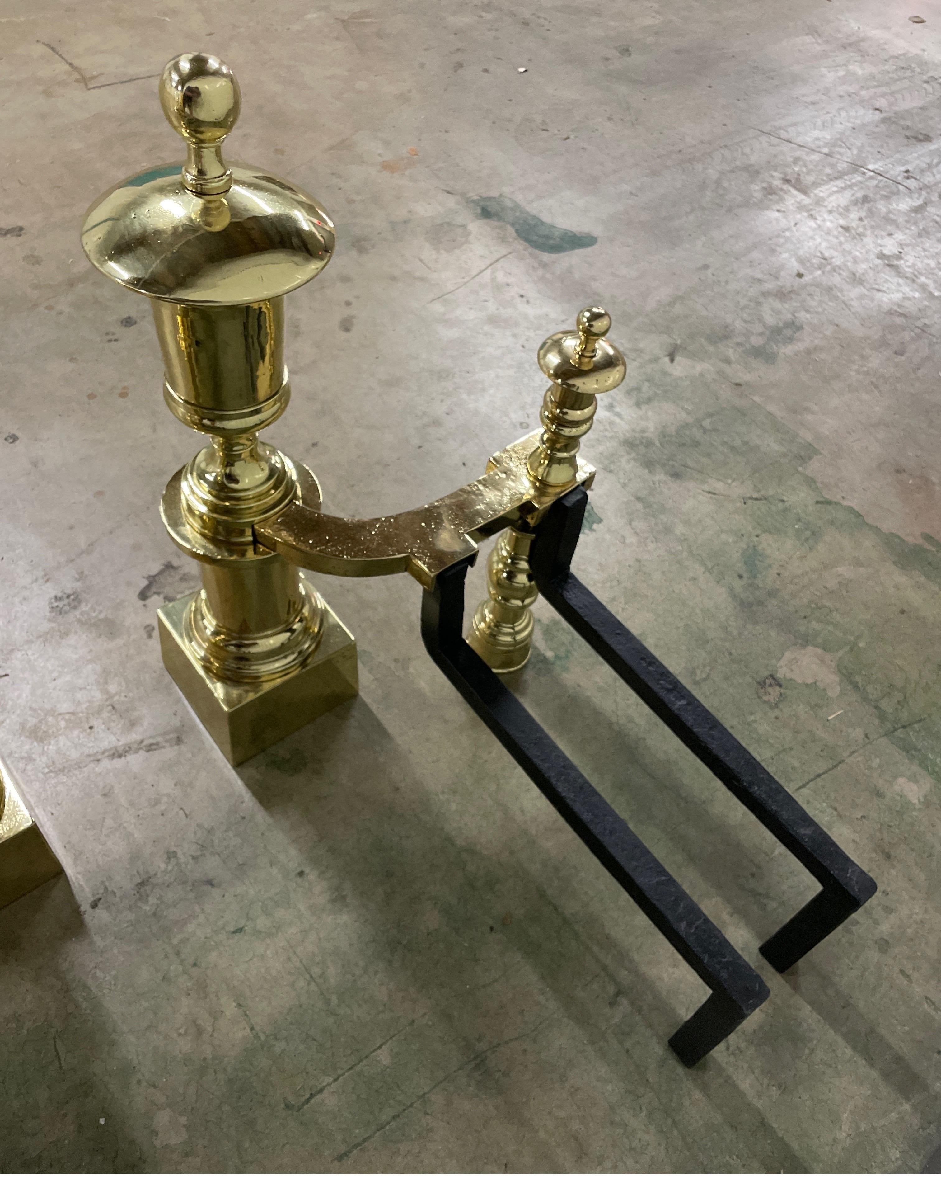 Pair of Antique Neoclassical Monumental Solid Brass Andirons For Sale 4