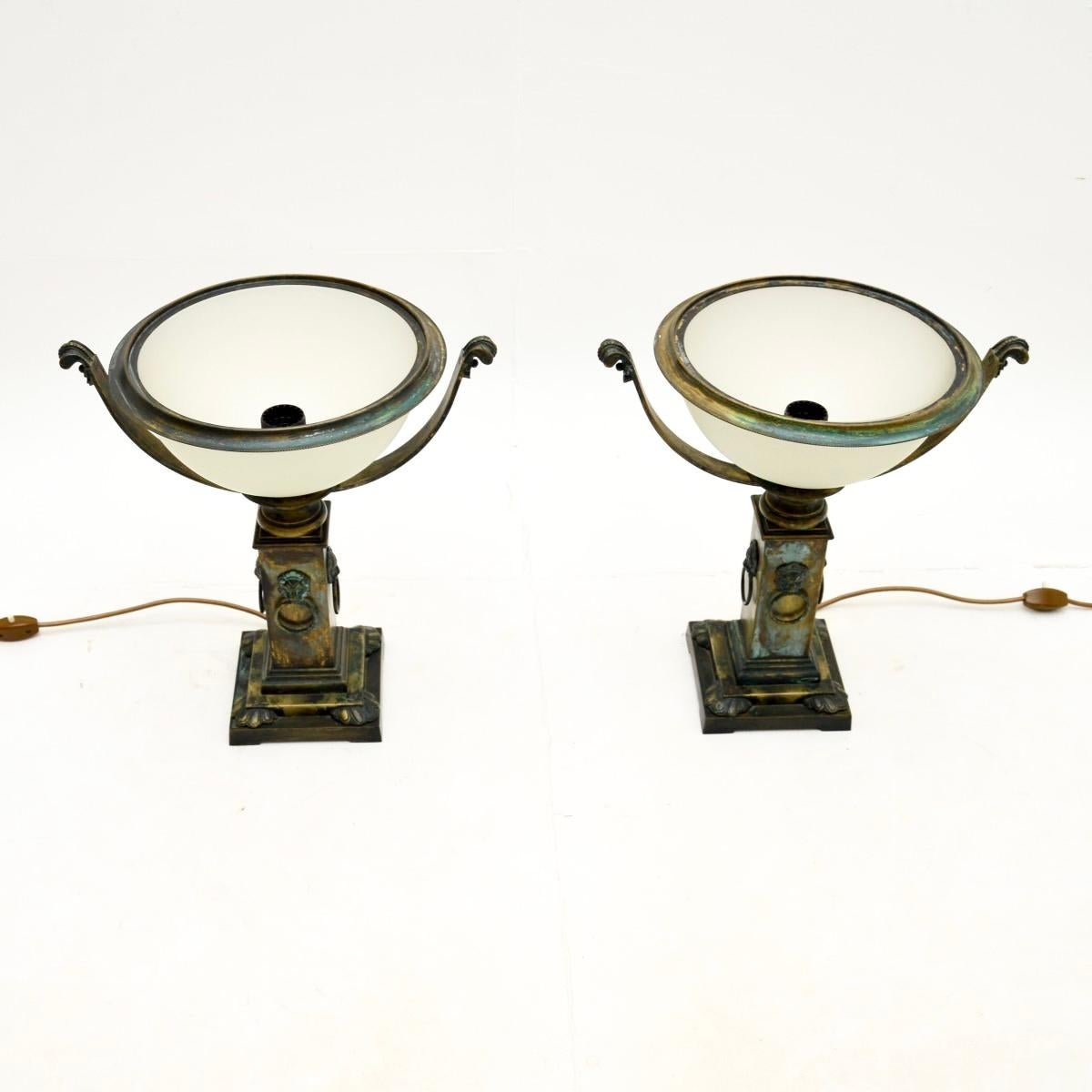 British Pair of Antique Neoclassical Style Brass and Glass Table Lamps For Sale
