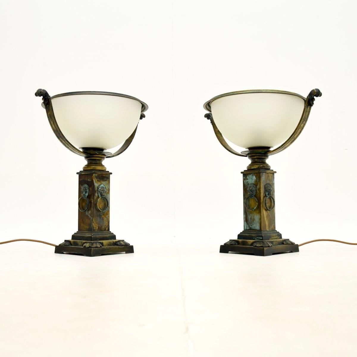 Pair of Antique Neoclassical Style Brass and Glass Table Lamps In Good Condition For Sale In London, GB