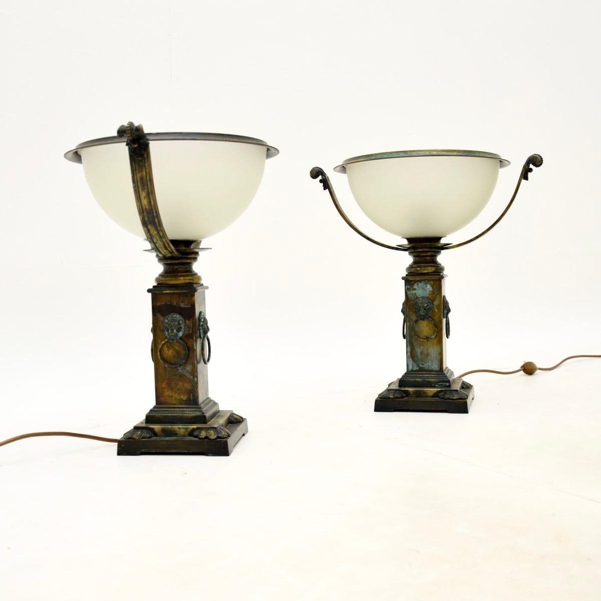 Late 20th Century Pair of Antique Neoclassical Style Brass and Glass Table Lamps For Sale