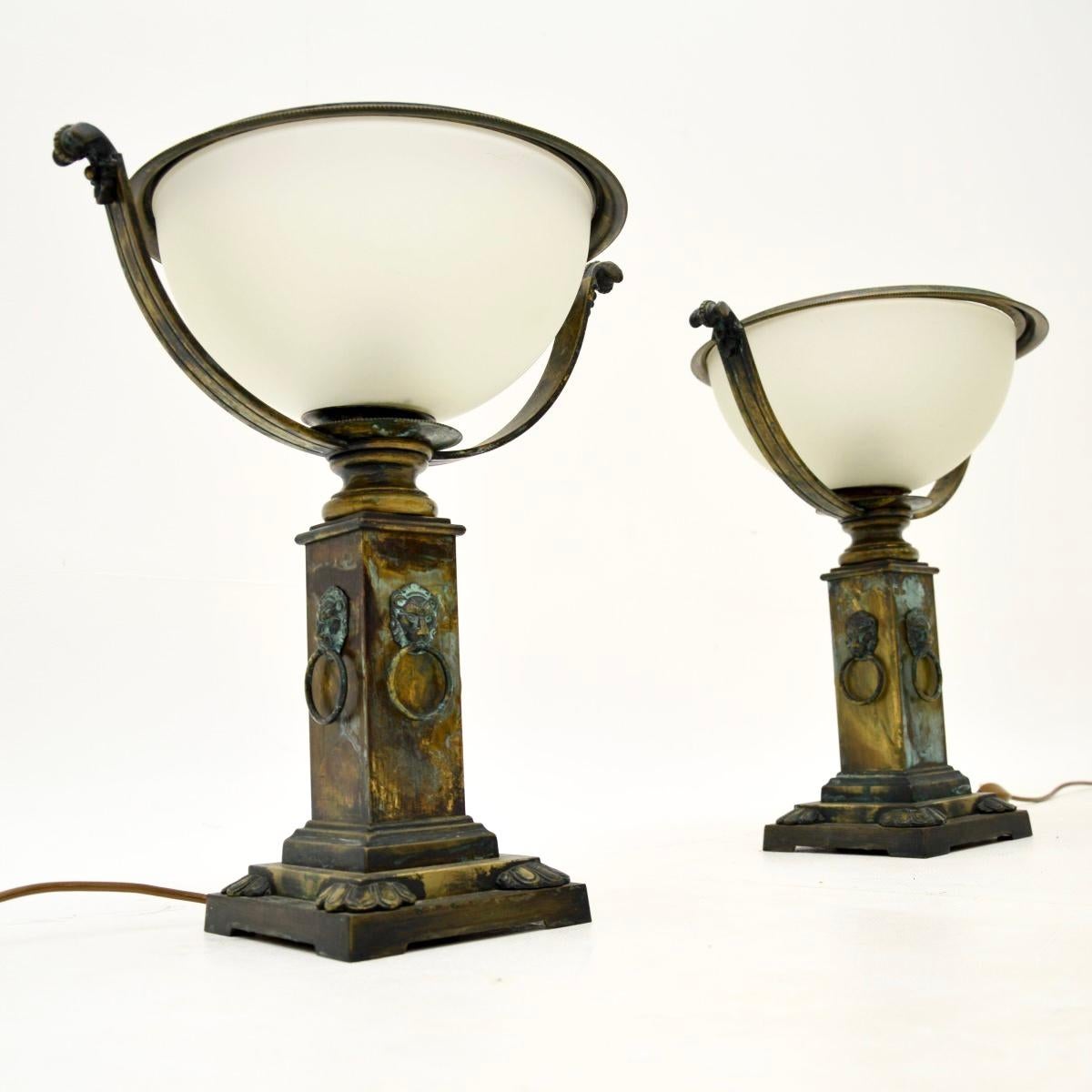 Pair of Antique Neoclassical Style Brass and Glass Table Lamps For Sale 1