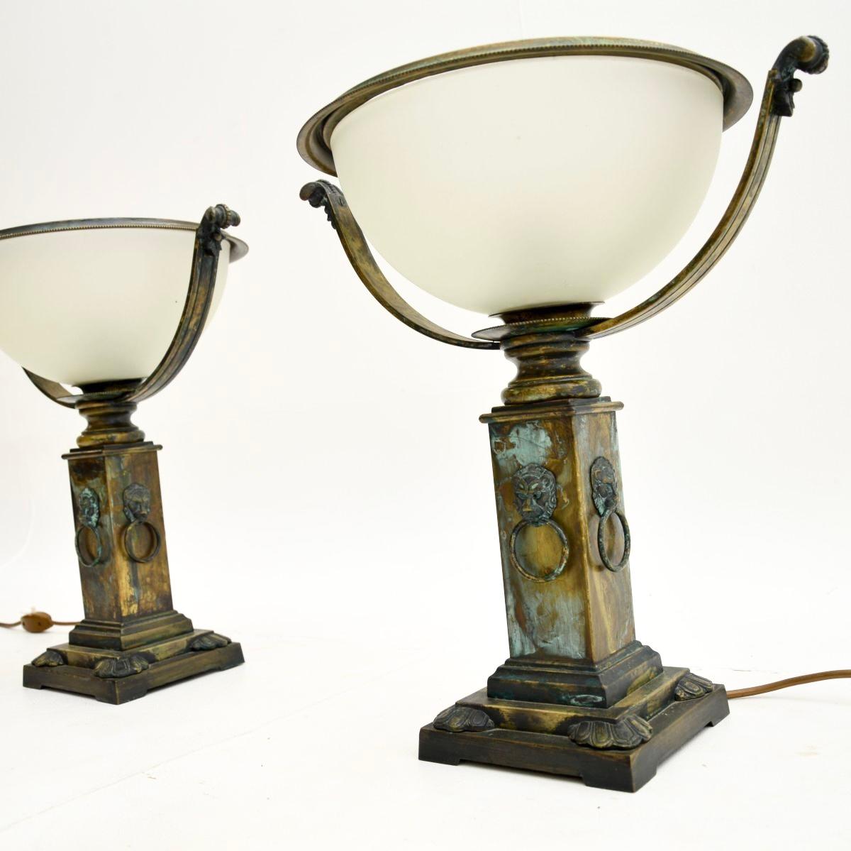 Pair of Antique Neoclassical Style Brass and Glass Table Lamps For Sale 2