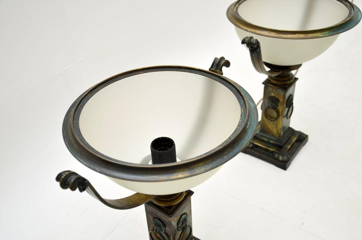 Pair of Antique Neoclassical Style Brass and Glass Table Lamps For Sale 3