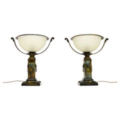 Pair of Antique Neoclassical Style Brass and Glass Table Lamps