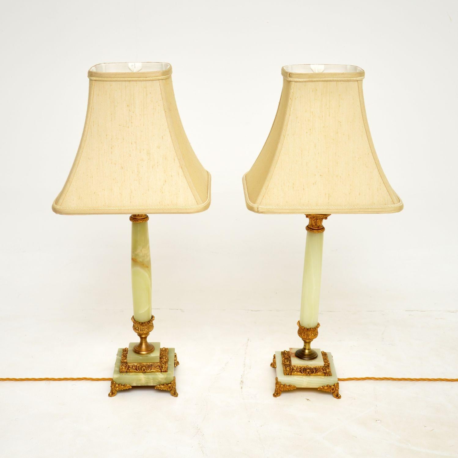 English Pair of Antique Neoclassical Style Brass & Onyx Table Lamps