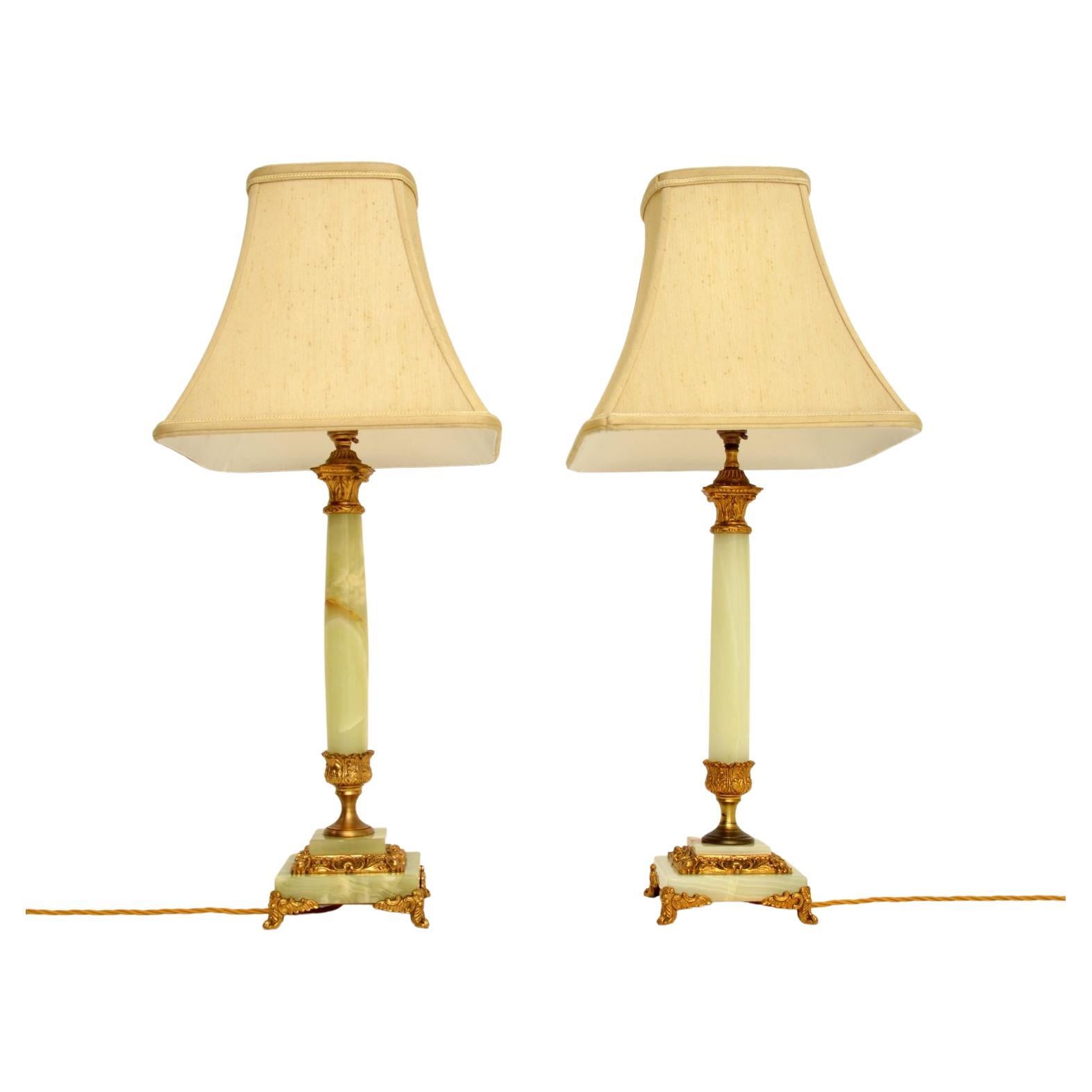 Pair of Antique Neoclassical Style Brass & Onyx Table Lamps