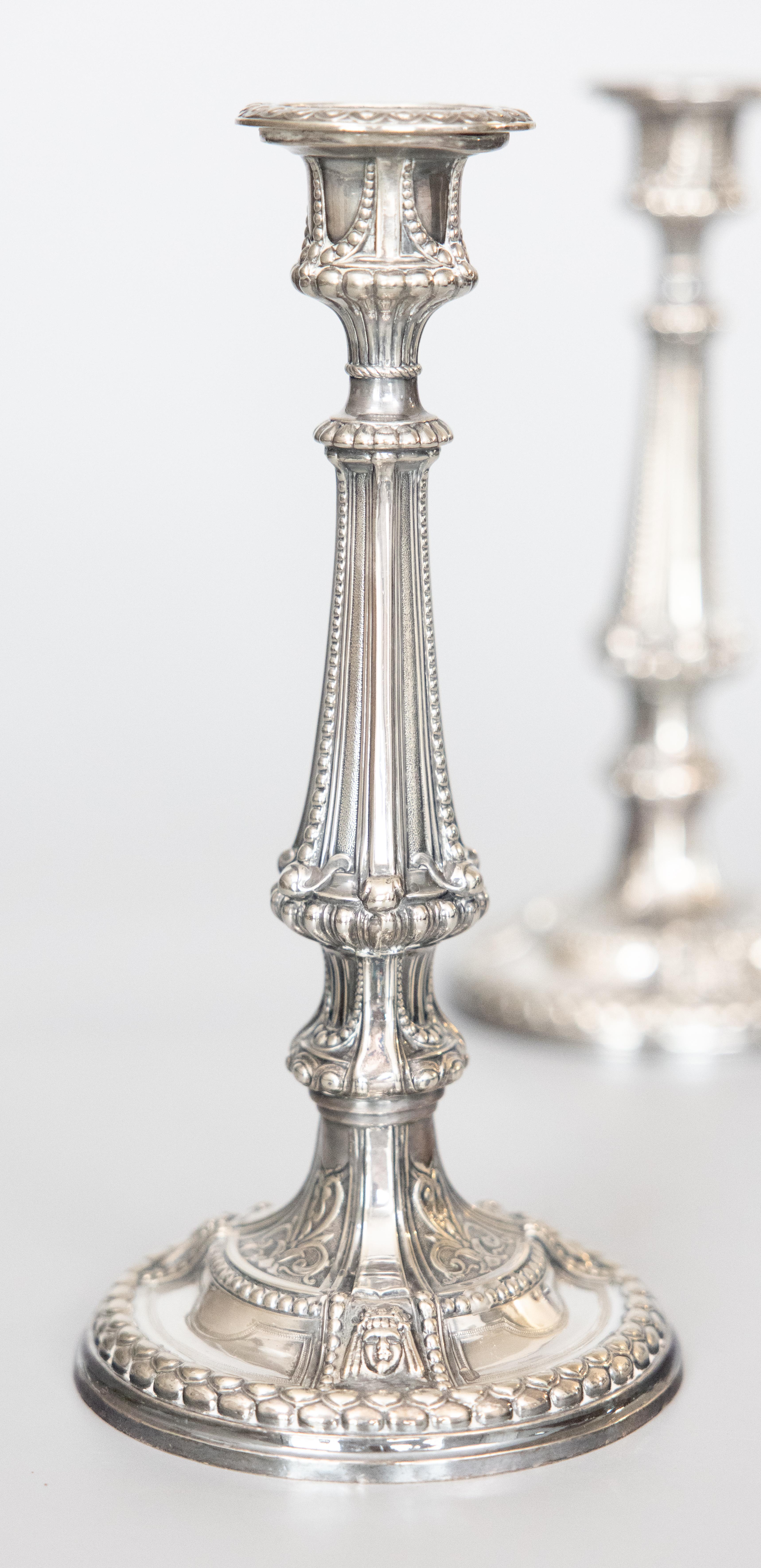 Pair of Antique Neoclassical Style English Silver Plate Candlesticks c. 1900 In Good Condition For Sale In Pearland, TX