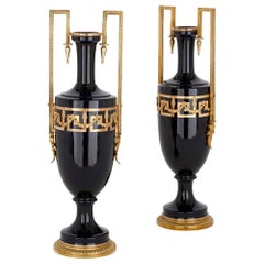 Pair of Antique Neoclassical Style Faience and Gilt Metal Vases