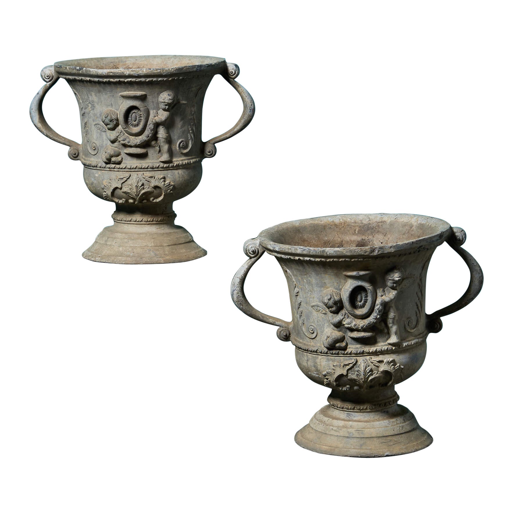 Pair of Antique Neoclassical Style Lead Garden Urns