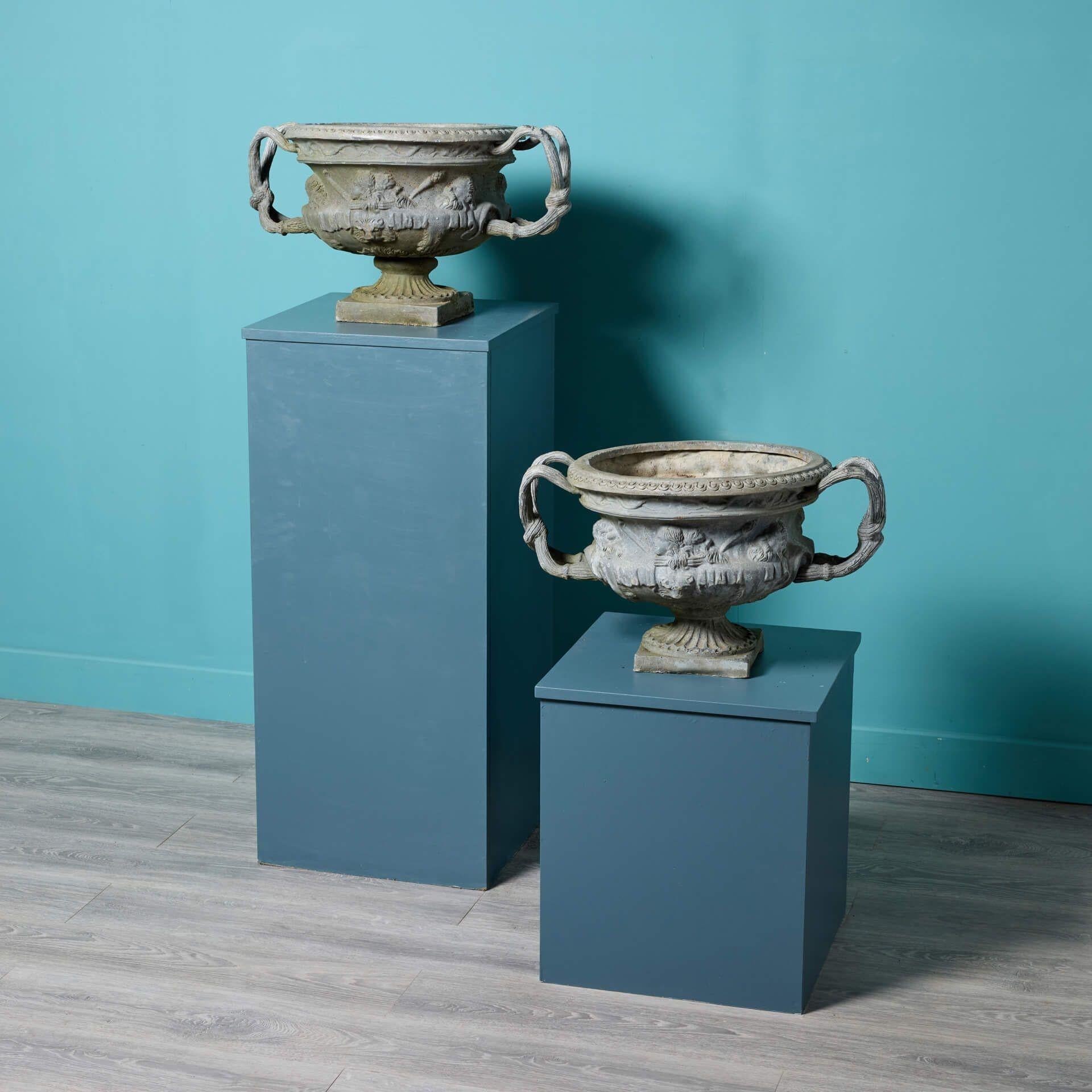English Pair of Antique Neoclassical Style Lead Urns For Sale
