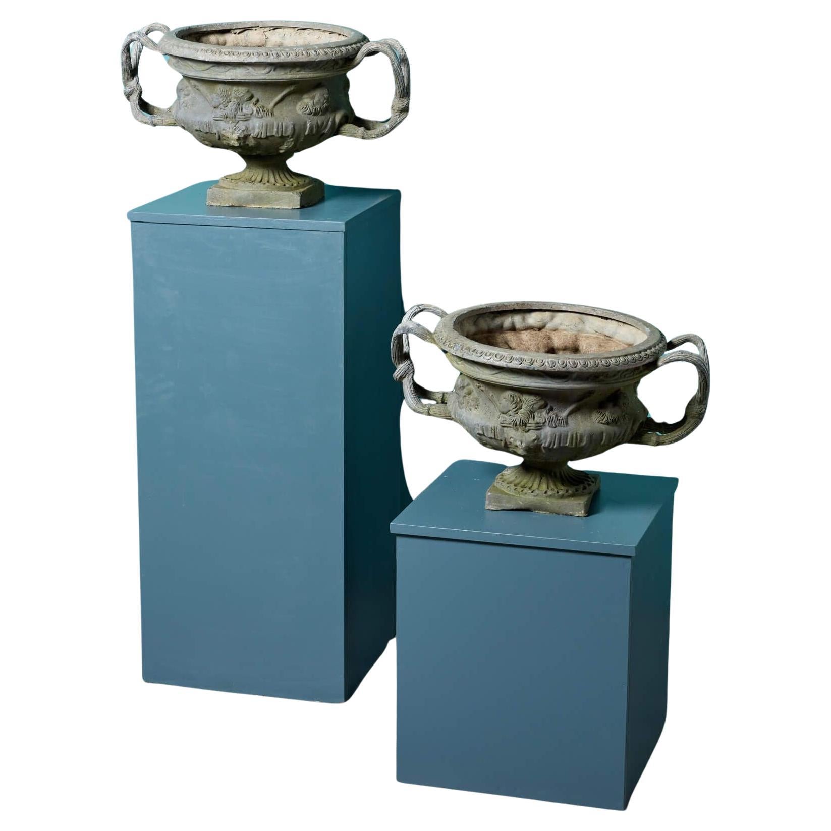 Pair of Antique Neoclassical Style Lead Urns For Sale