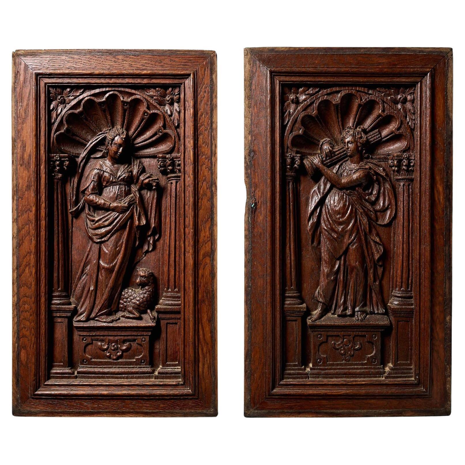 Pair of Antique Neoclassical Style Oak Panels of Saints