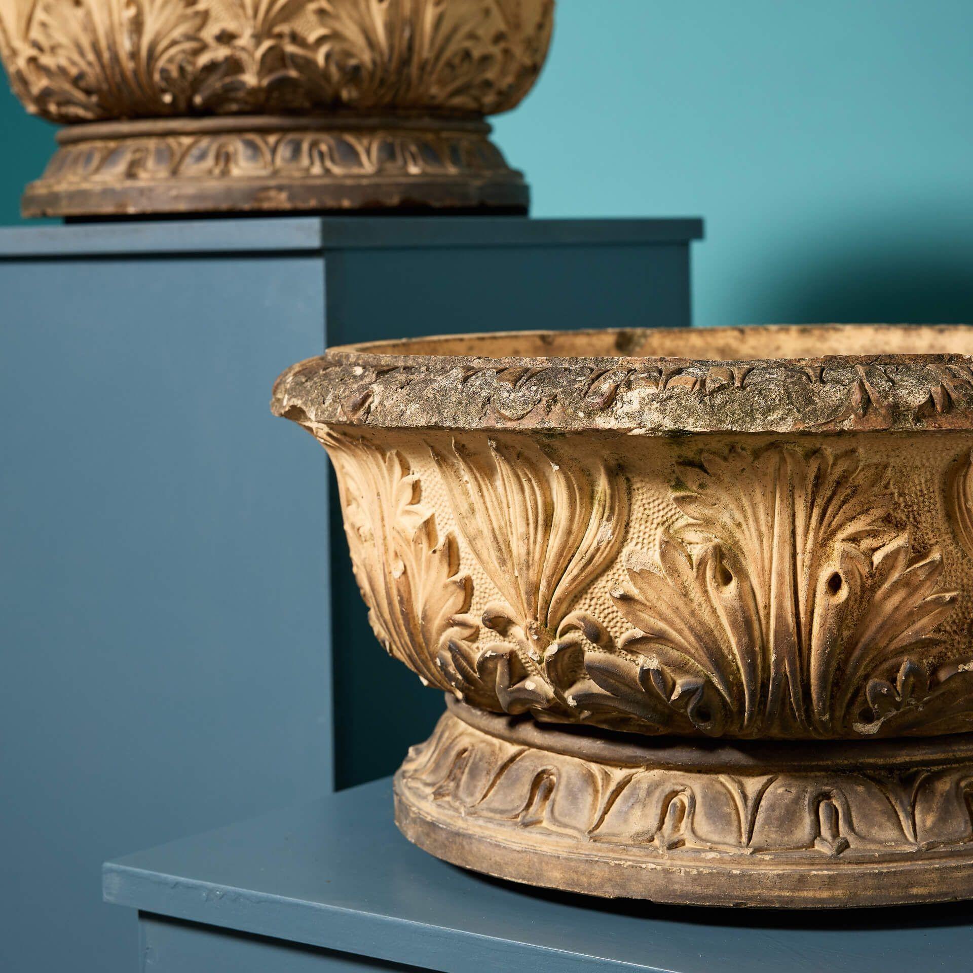 English Pair of Antique Neoclassical Style Shallow Buff Terracotta Planters For Sale