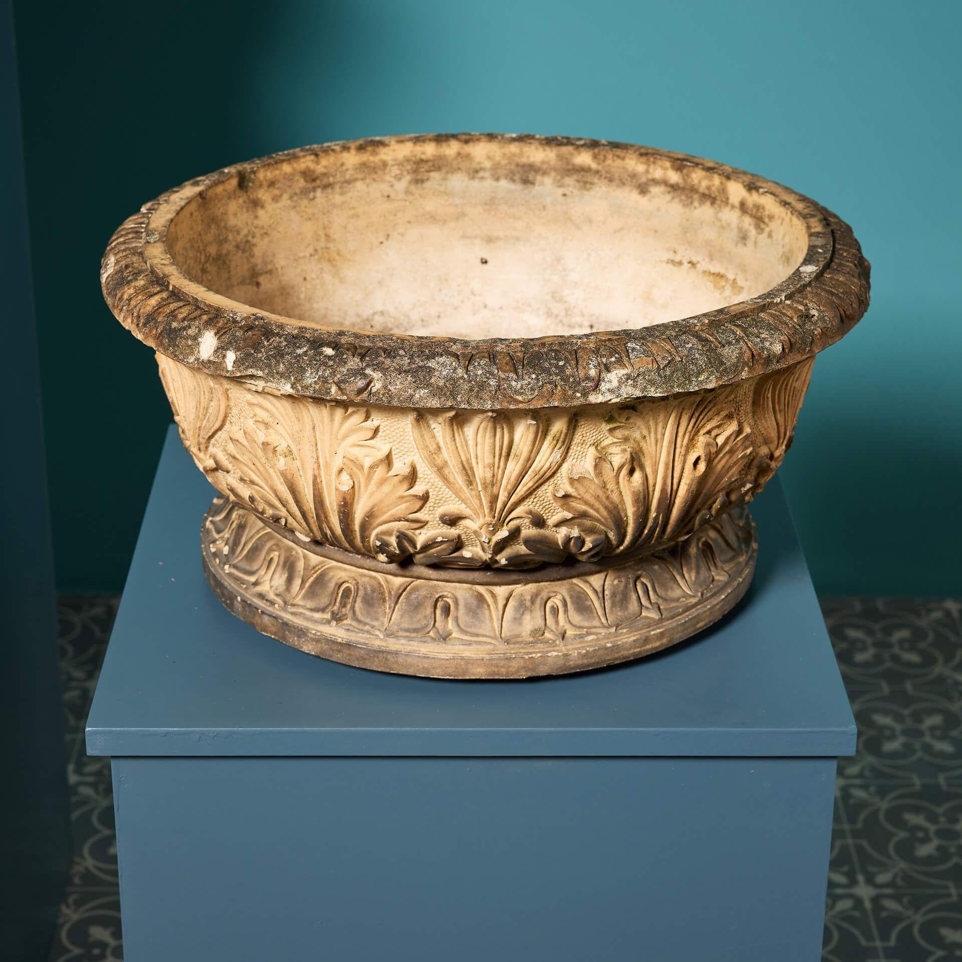Pair of Antique Neoclassical Style Shallow Buff Terracotta Planters In Fair Condition For Sale In Wormelow, Herefordshire