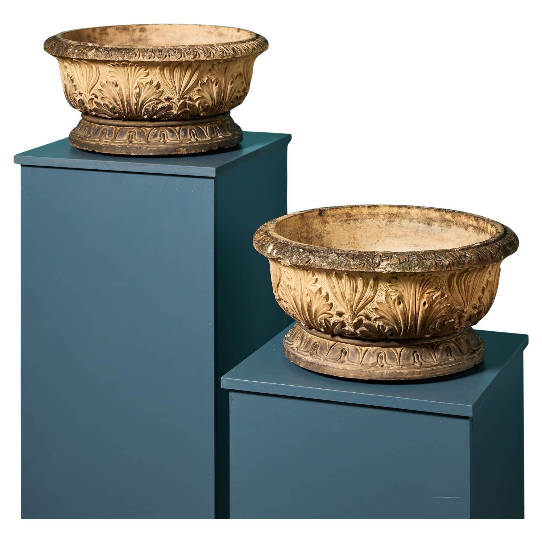 Pair of Antique Neoclassical Style Shallow Buff Terracotta Planters For Sale