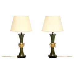 Pair of Antique Neoclassical Style Tole and Brass Table Lamps