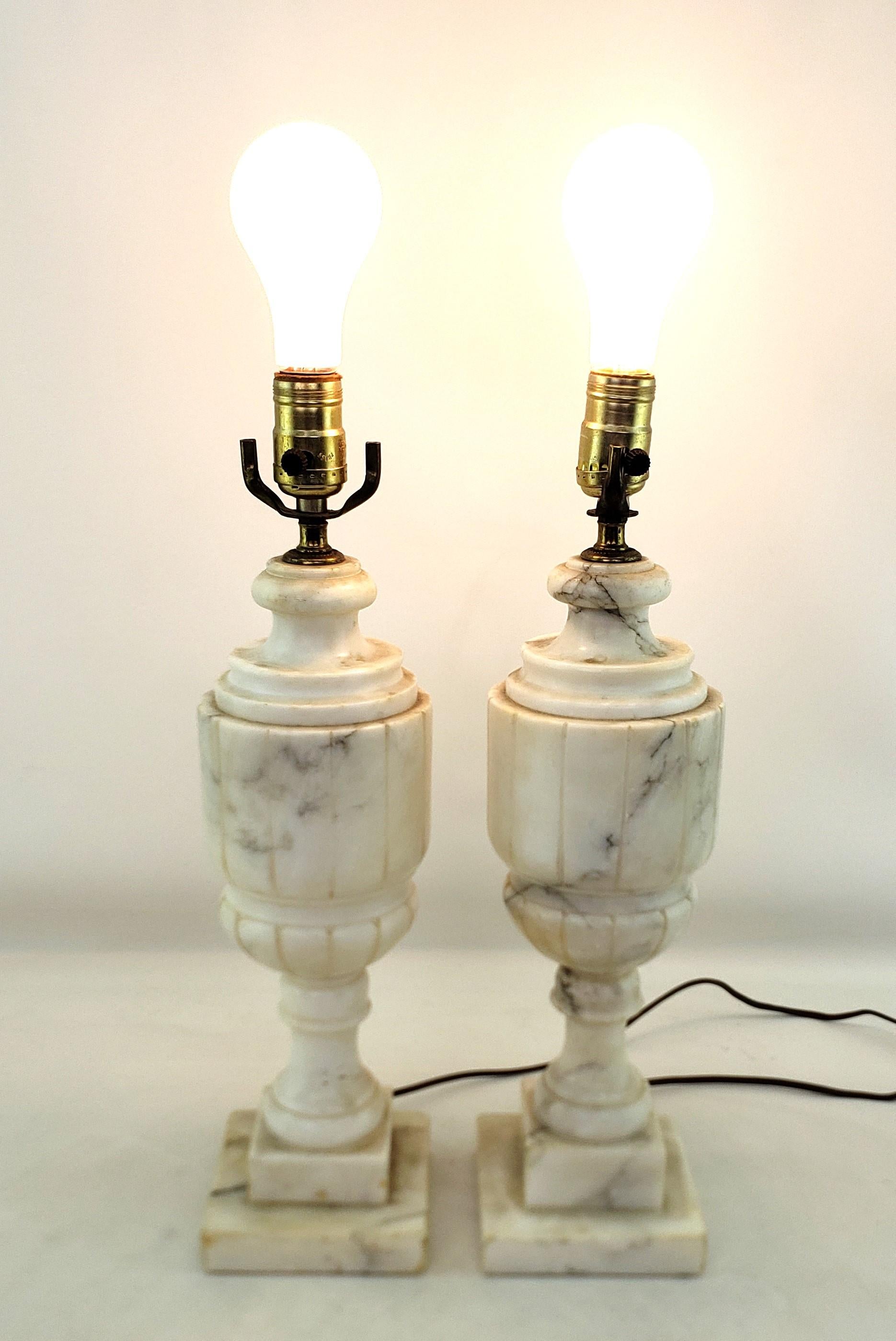 Neoclassical Revival Pair of Antique Neoclassical Styled Urn Shaped Carved Alabaster Table Lamp Bases For Sale