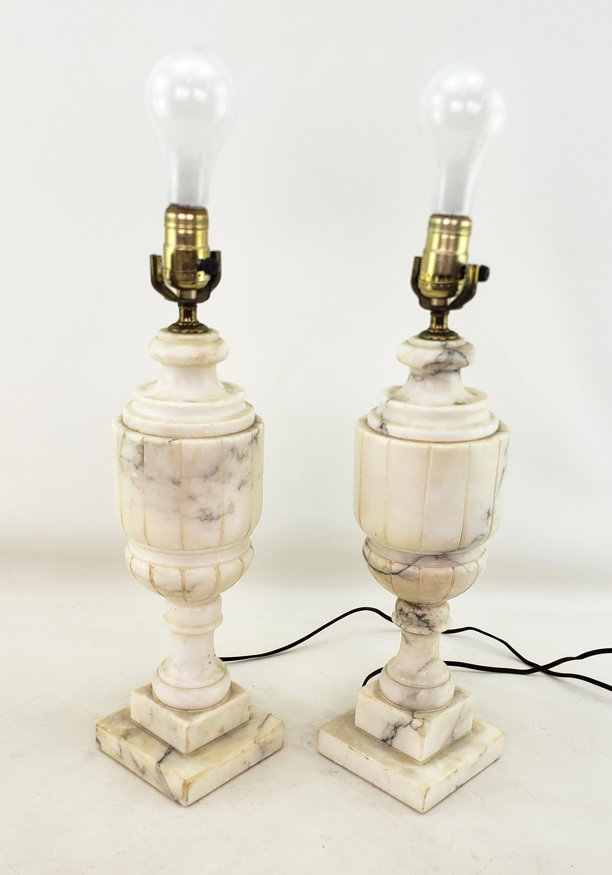 Hand-Carved Pair of Antique Neoclassical Styled Urn Shaped Carved Alabaster Table Lamp Bases For Sale