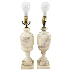 Pair of Antique Neoclassical Styled Urn Shaped Carved Alabaster Table Lamp Bases