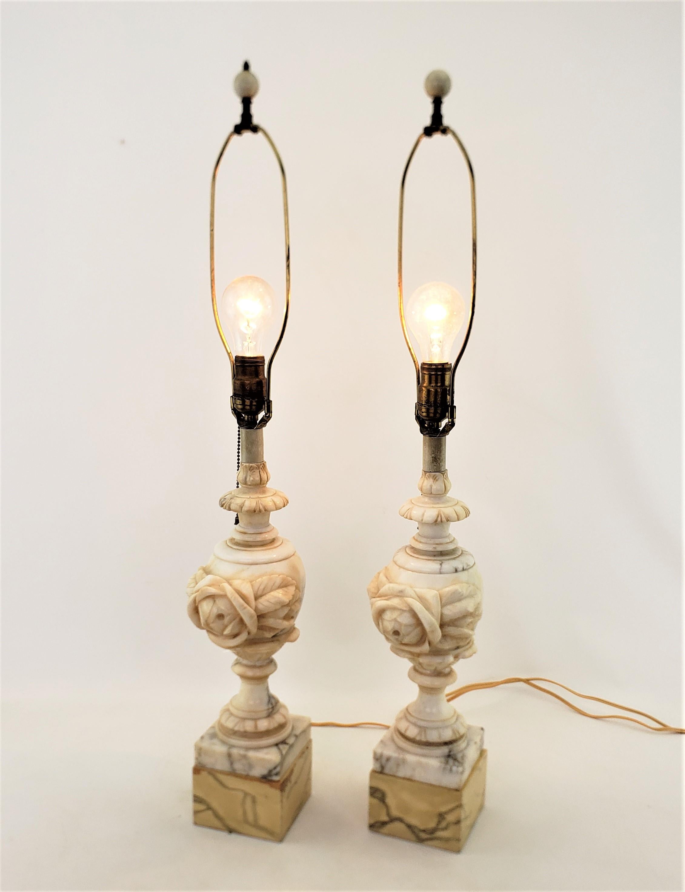 Hand-Carved Pair of Antique Neoclassical Styled Urn Shaped Carved Alabaster Table Lamps For Sale