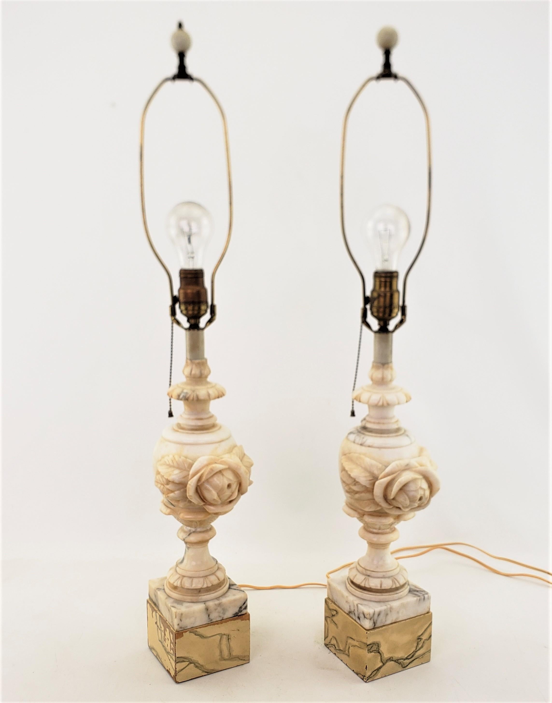 Pair of Antique Neoclassical Styled Urn Shaped Carved Alabaster Table Lamps In Good Condition For Sale In Hamilton, Ontario