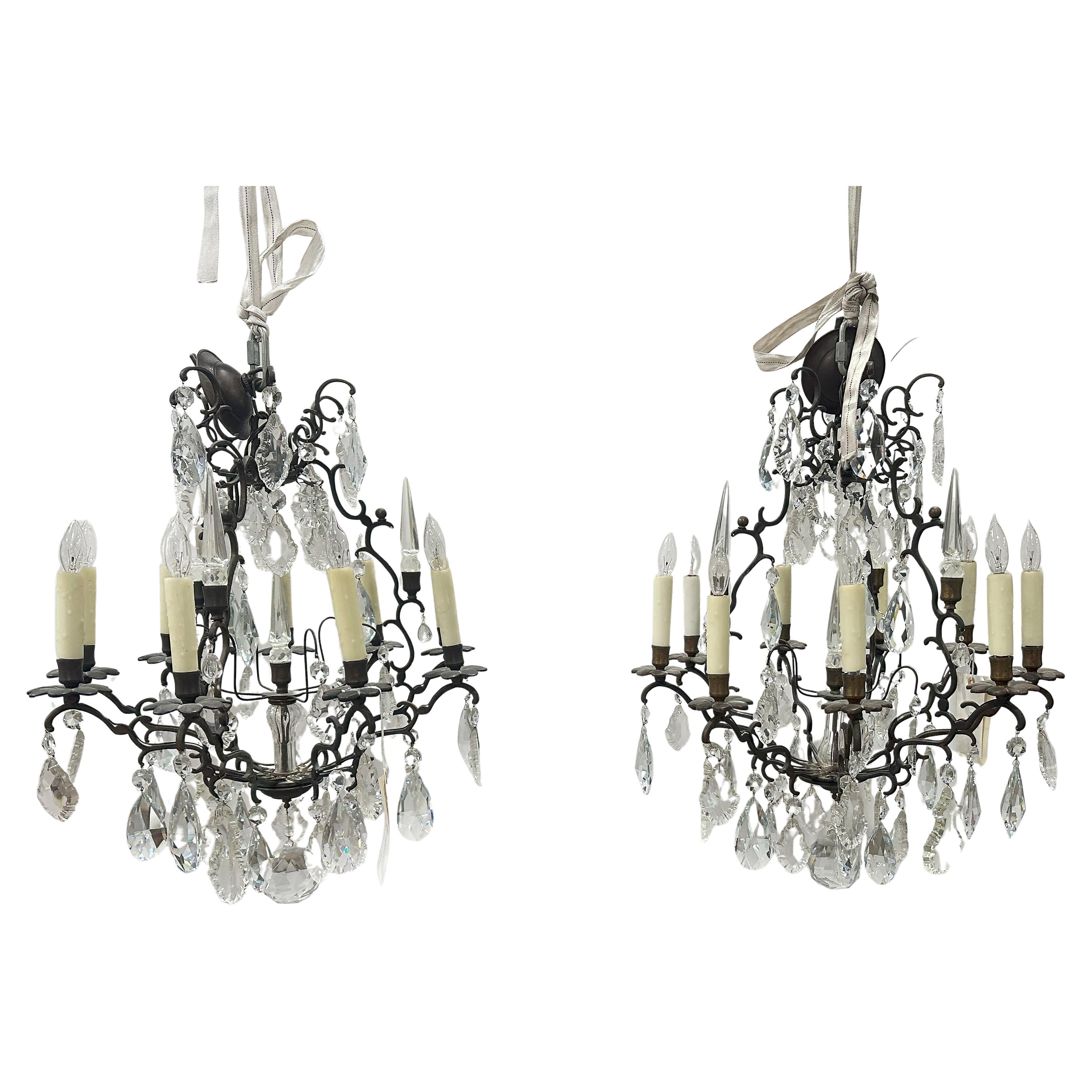 Pair of Antique Neoclassical Versailles Bronze and Crystal Pendant Chandeliers