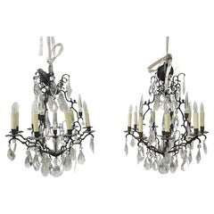 Pair of Antique Neoclassical Versailles Bronze and Crystal Pendant Chandeliers