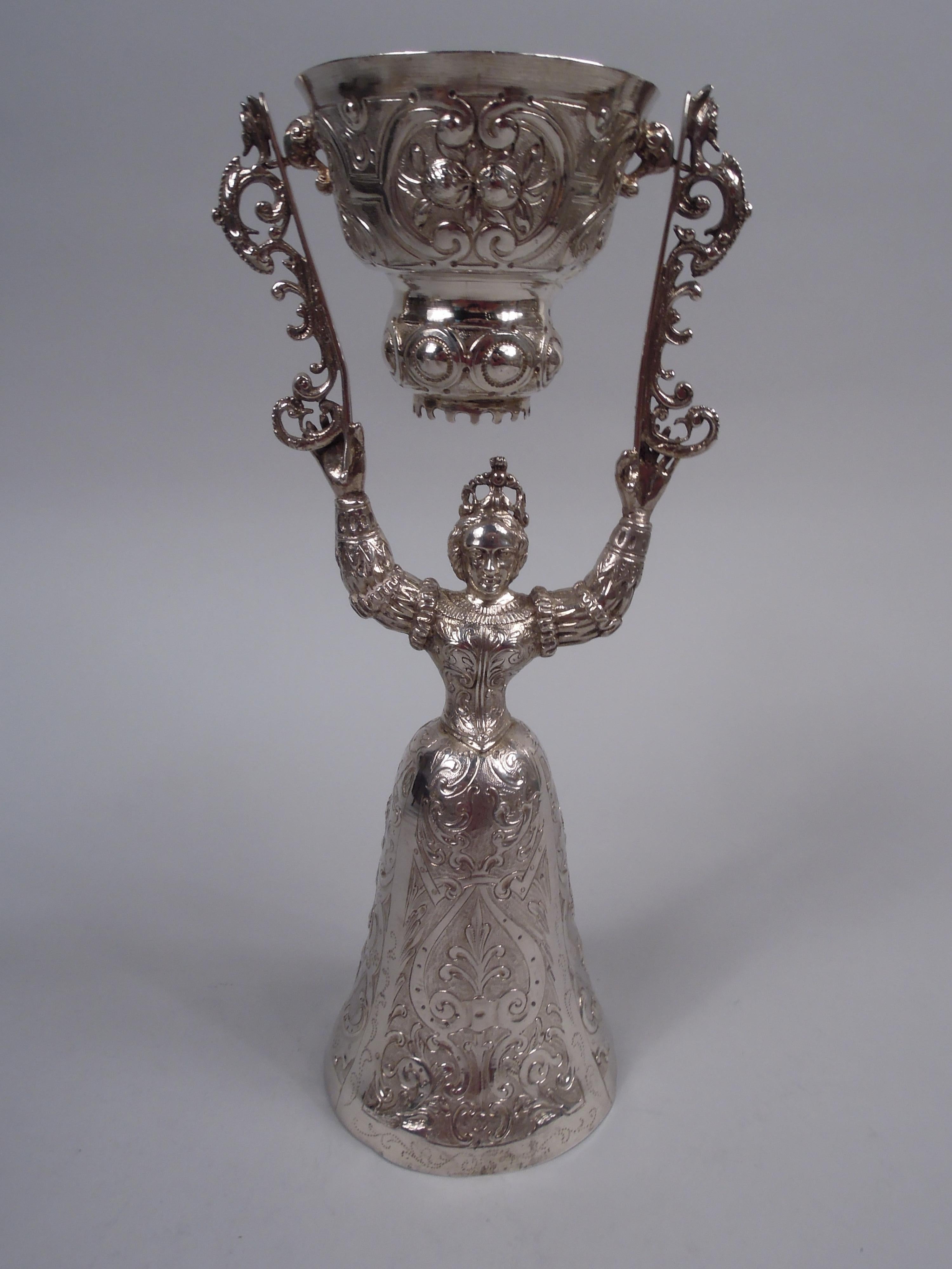 19th Century Pair of Antique Neresheimer German Silver King & Queen Wedding Cups For Sale