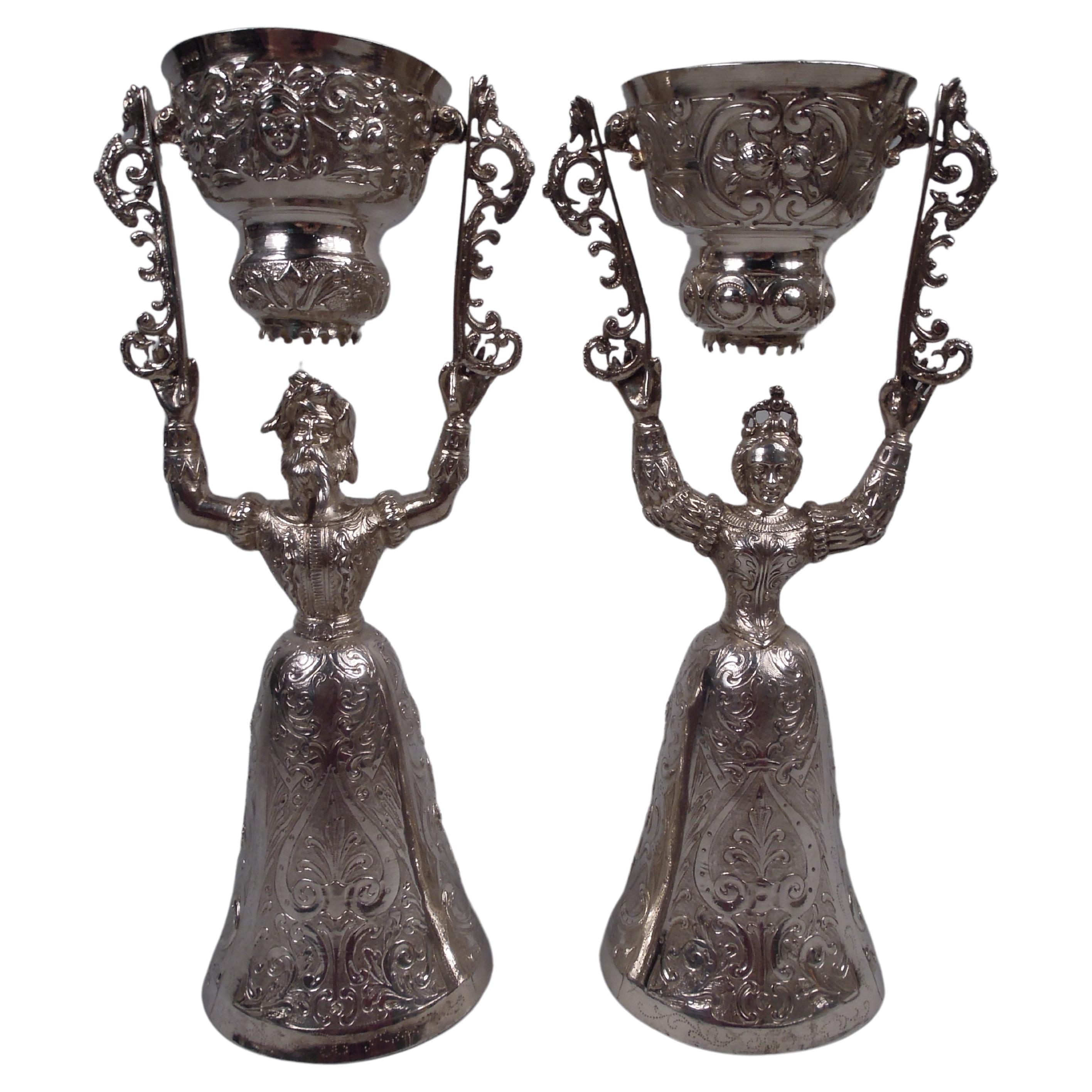 Paar antike Neresheimer-Hochzeitsbecher aus deutschem Silber von König und Königin