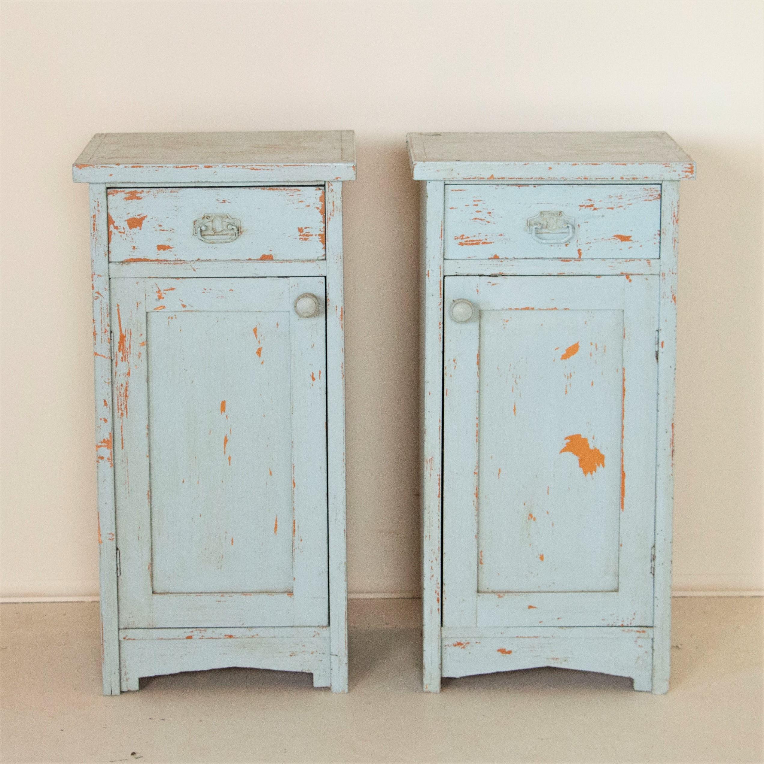 Painted Pair of Antique Nightstands, Original Blue Paint
