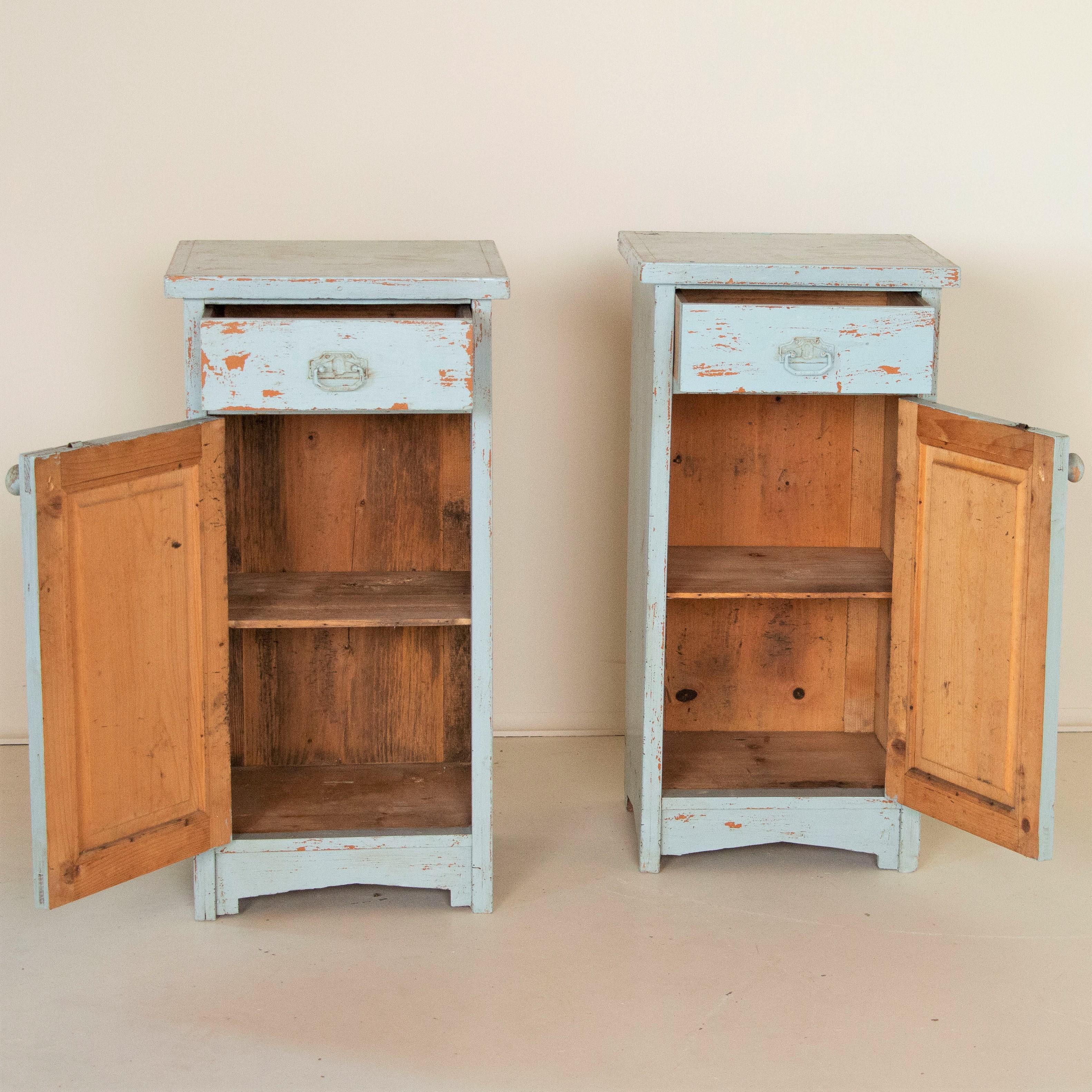 Wood Pair of Antique Nightstands, Original Blue Paint