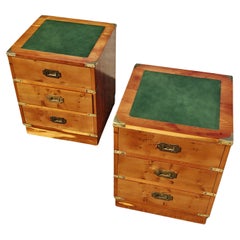 Pair of Antique Nightstands in yew wood, leather and brass, military campaign