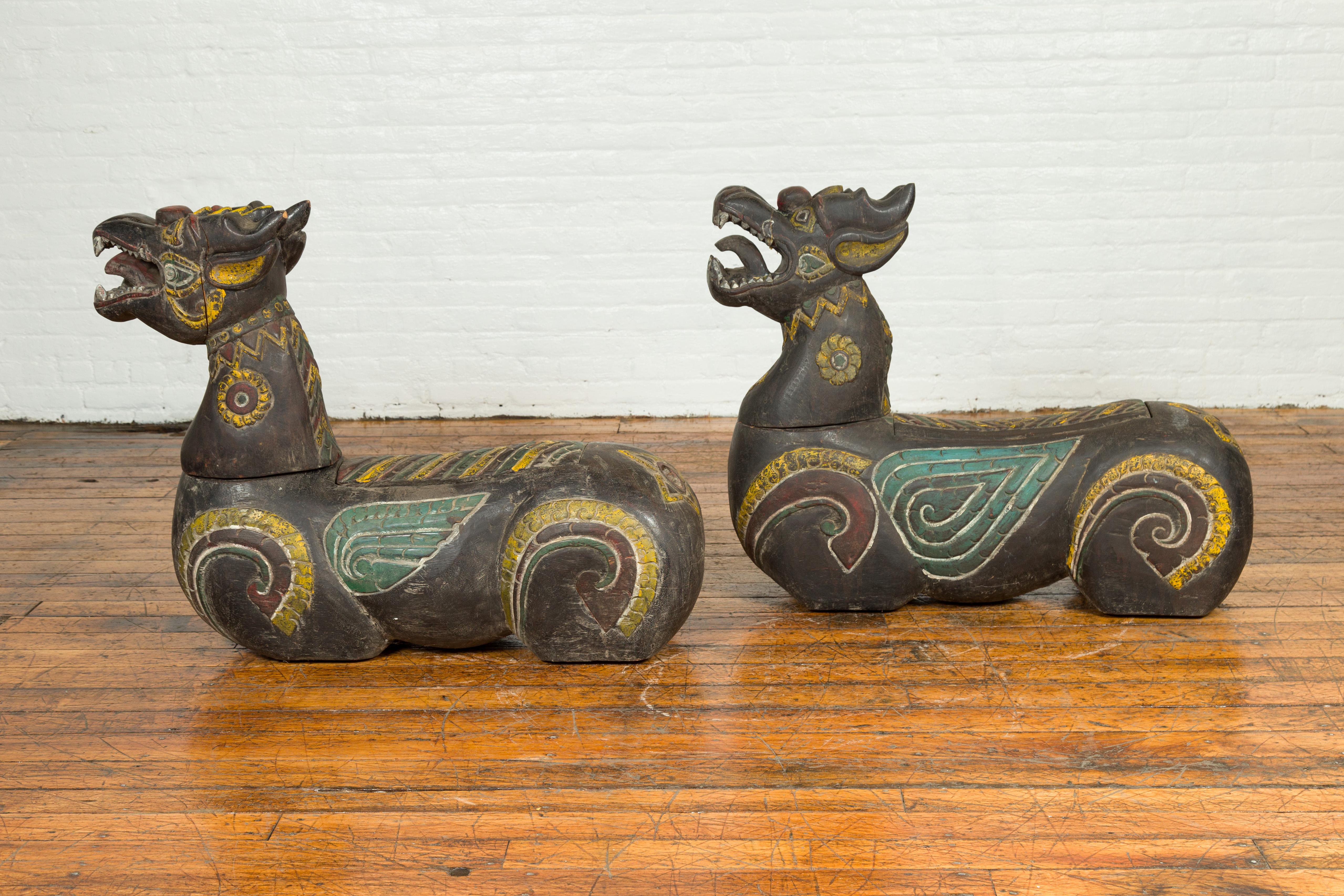 Pair of Antique Northern Thai Carved and Polychrome Mythical Guardian Animals For Sale 7