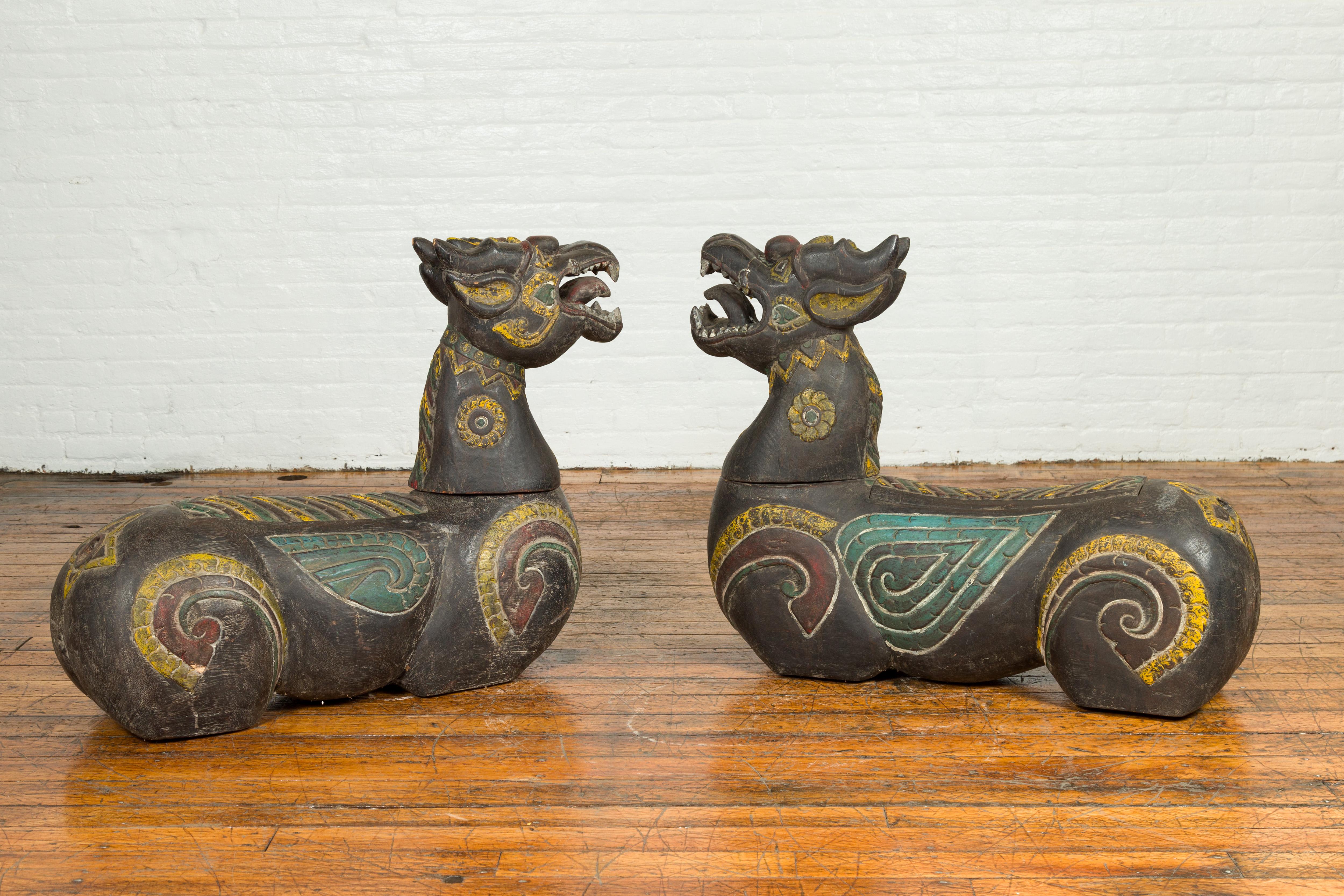 Pair of Antique Northern Thai Carved and Polychrome Mythical Guardian Animals For Sale 8