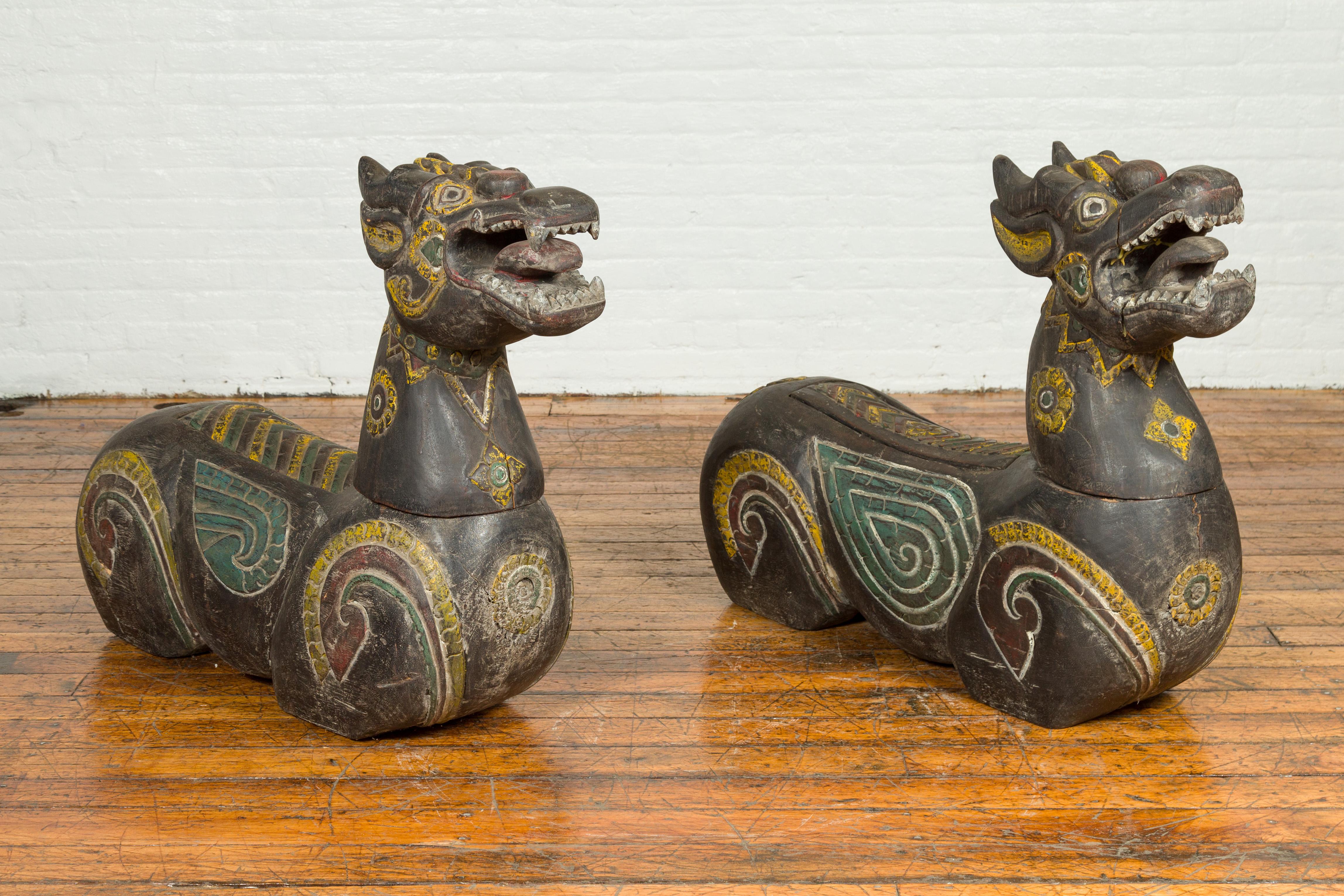 Pair of Antique Northern Thai Carved and Polychrome Mythical Guardian Animals In Good Condition For Sale In Yonkers, NY