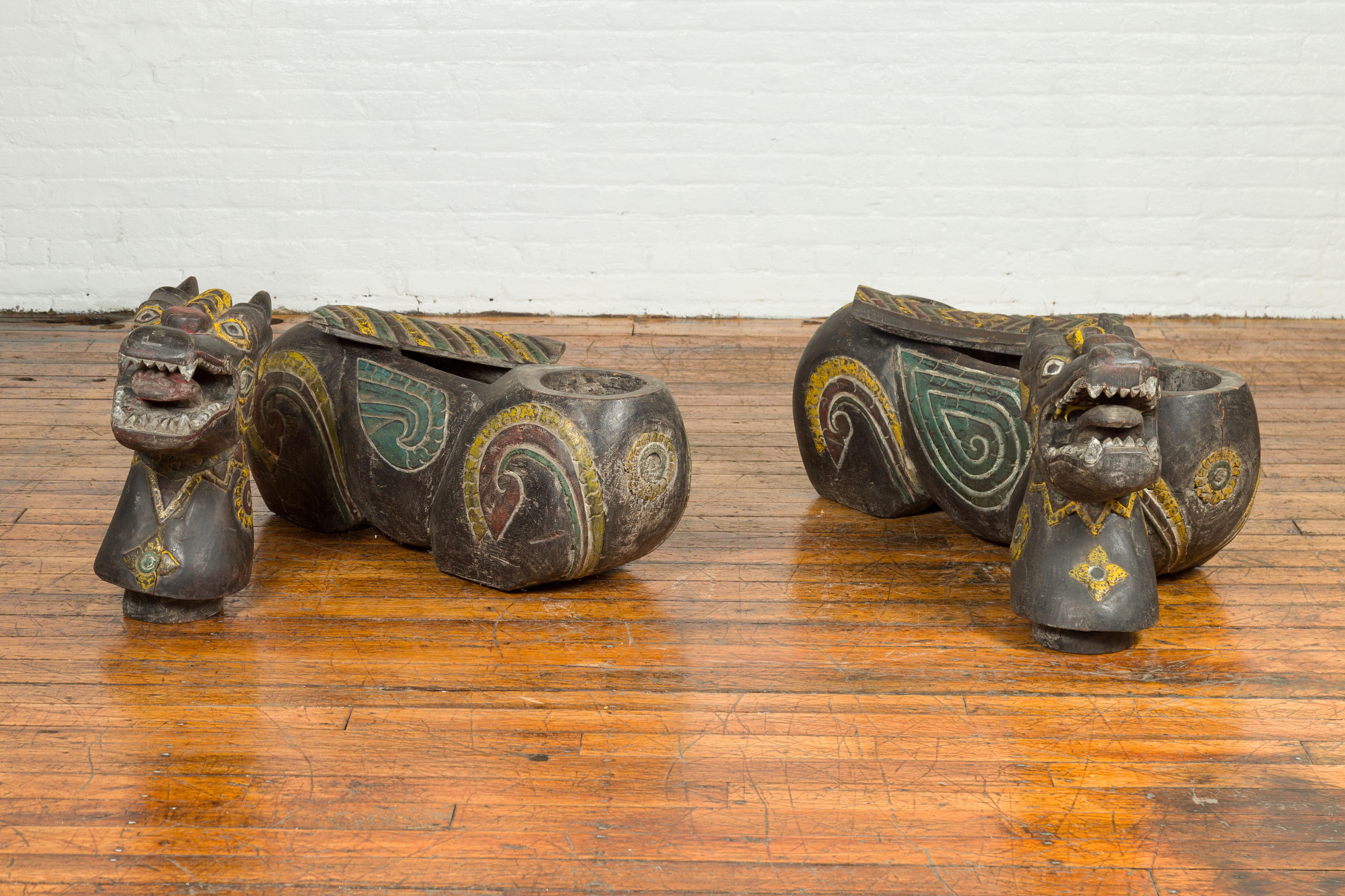 19th Century Pair of Antique Northern Thai Carved and Polychrome Mythical Guardian Animals For Sale
