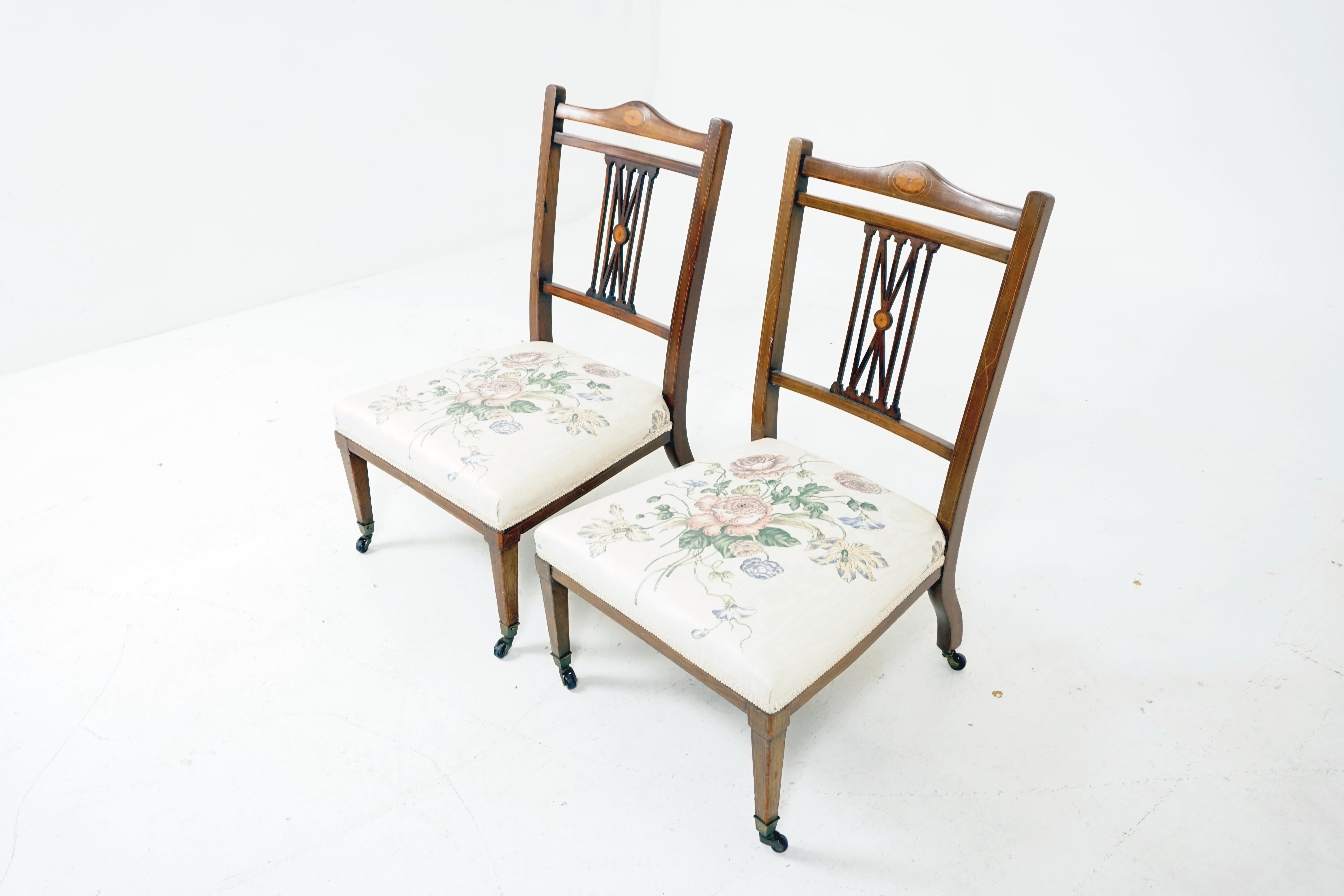 Pair of antique nursing chairs, Edwardian, inlaid walnut, Scotland 1910, H320

Scotland 1910
Solid Walnut And Veneers 
Original Finish
Neo Classical Design 
Pierced And Inlaid Top Rail 
Inlaid Back Splat 
Fine Stringing On Supports and