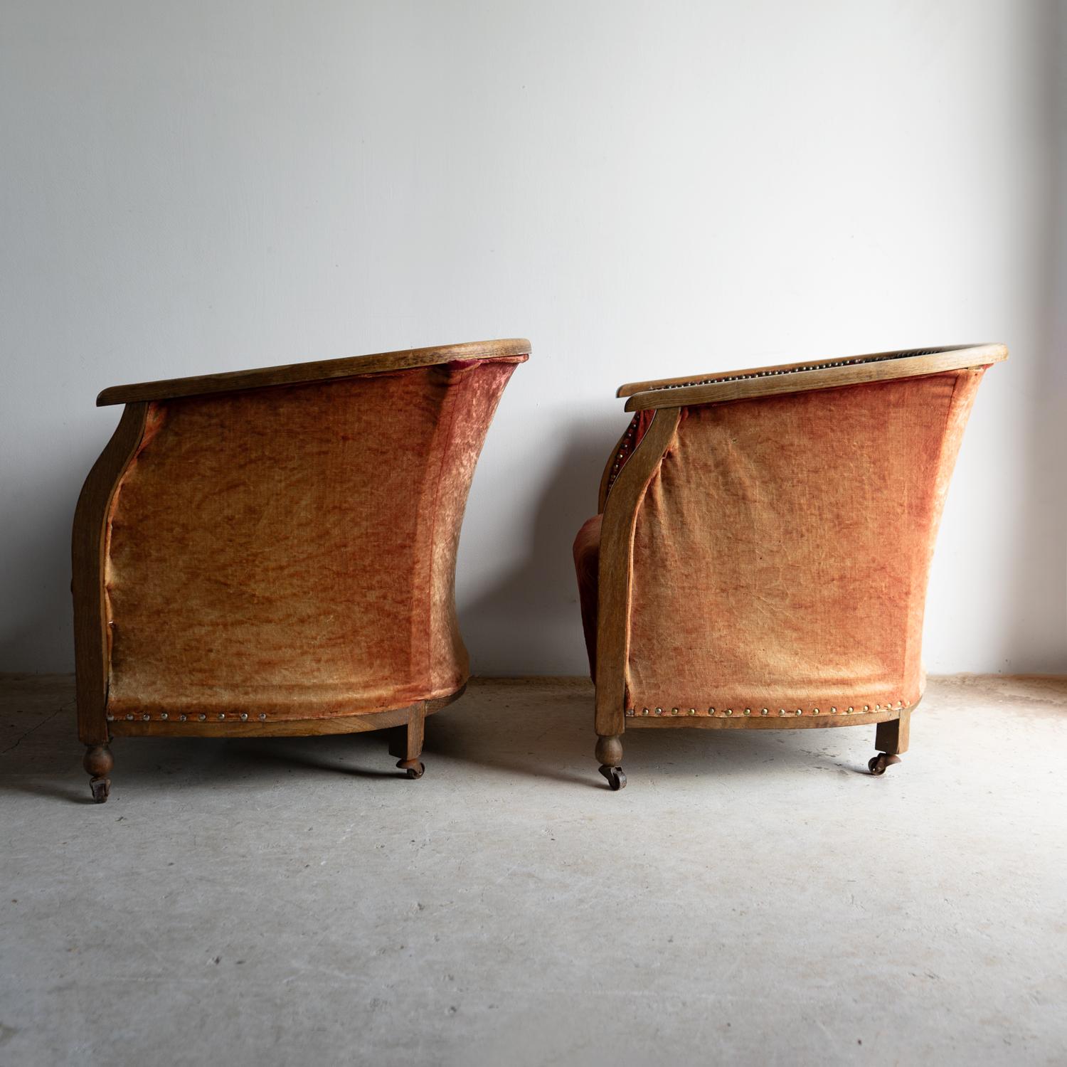 Pair Of Antique Oak And Velvet Bow Backed Tub Chairs, Early 20th Century For Sale 4